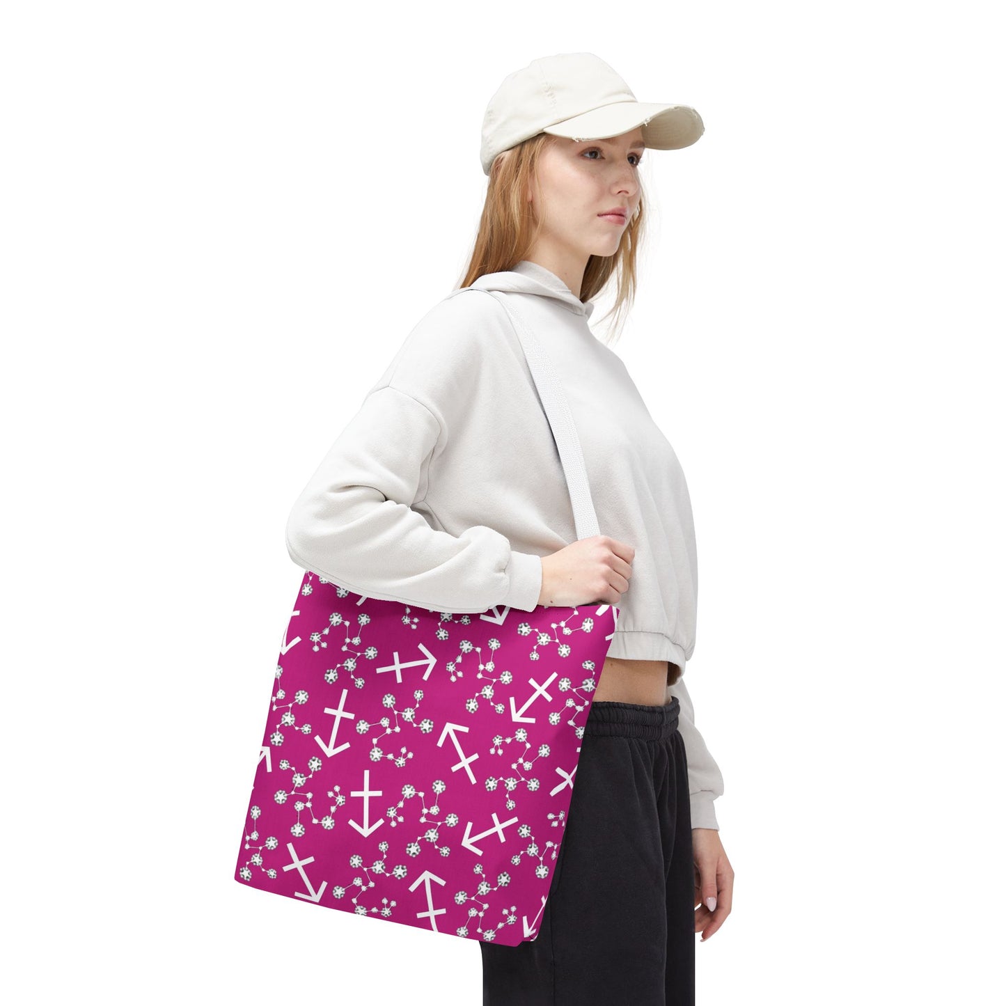 Tote Bag, Sagittarius Zodiac Sign, AOP, (Pink, White Print)
