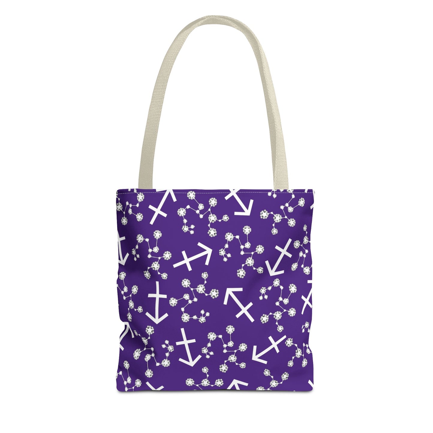 Tote Bag, Sagittarius Zodiac Sign, AOP, (Purple, White Print)