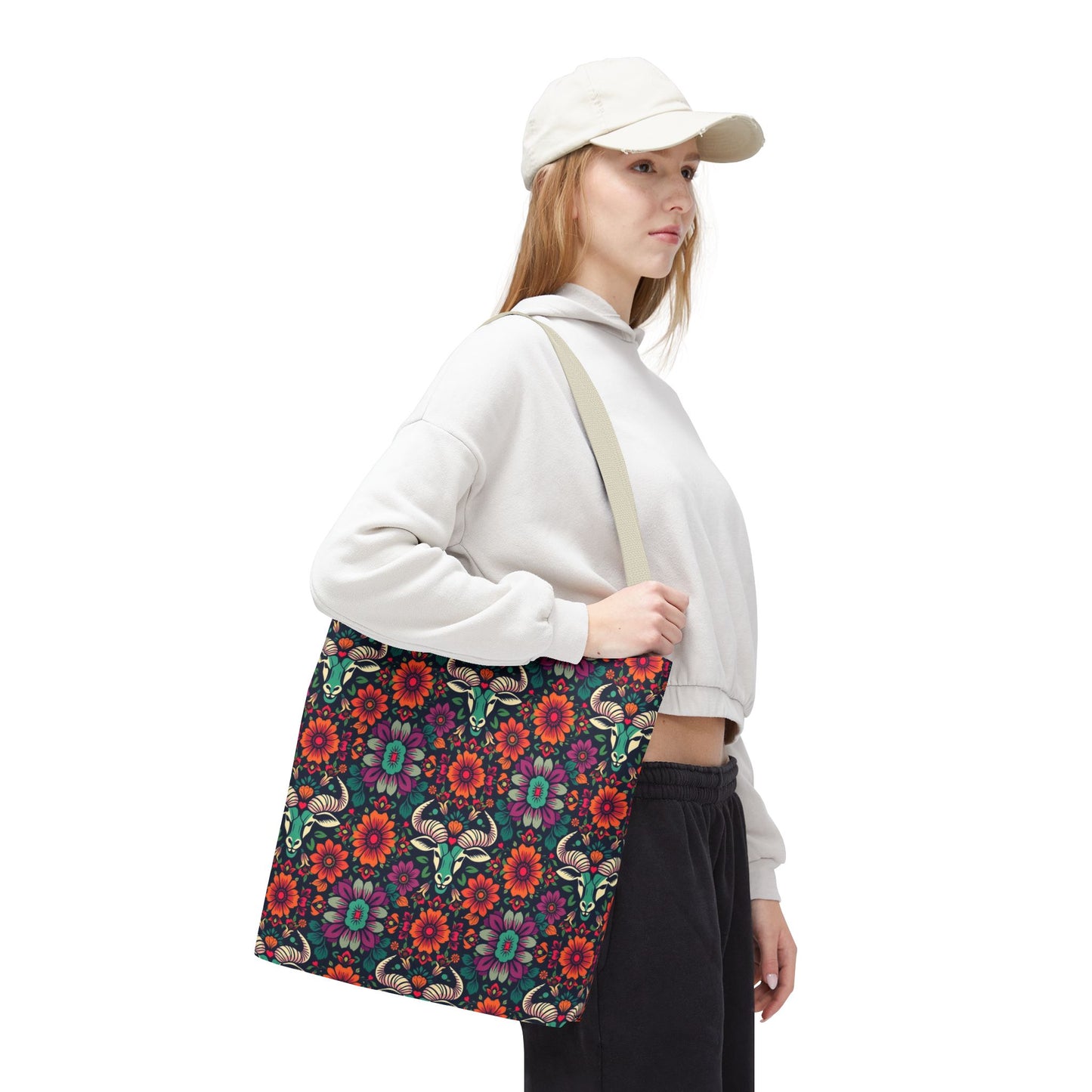 Tote Bag, (AOP), Taurus, Zodiac, Flower Pattern