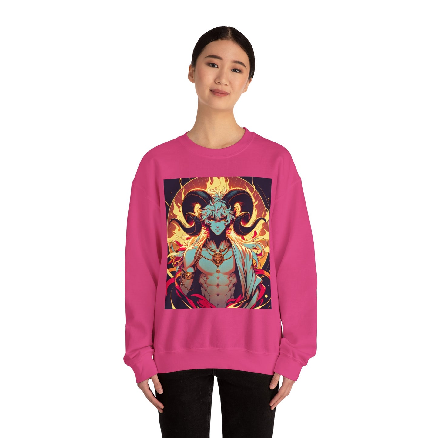 Unisex Heavy Blend™ Crewneck Sweatshirt, Anime Fire Aries, Zodiac Design