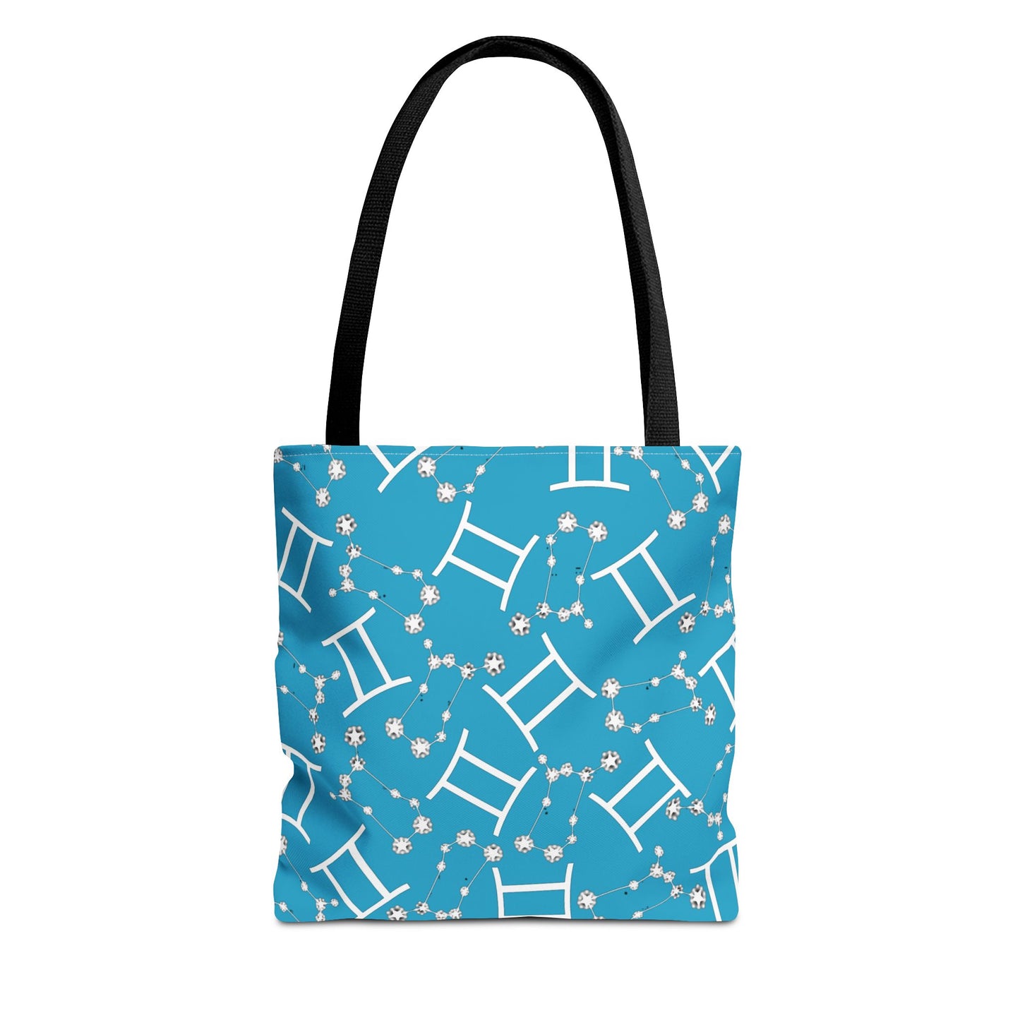 Tote Bag, Gemini Zodiac Sign, AOP, (Turquoise, White Print)