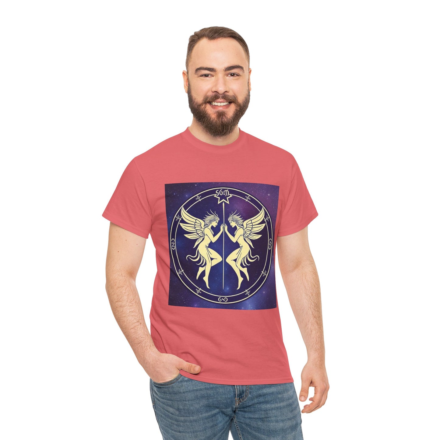 Unisex Heavy Cotton T-Shirt, Space Angel Twins, Gemini Zodiac Design