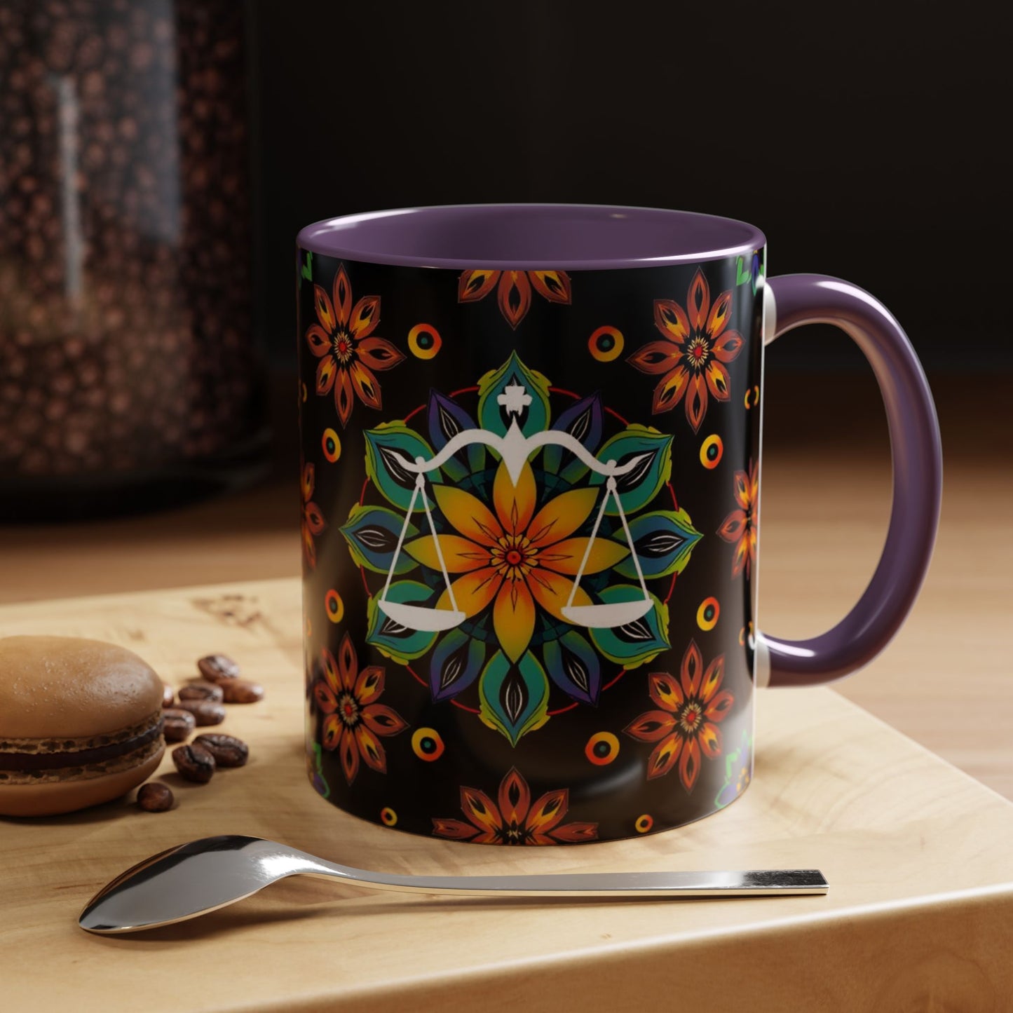 Accent Coffee Mug, Libra, Zodiac v4, Flower Pattern, (11, 15oz)
