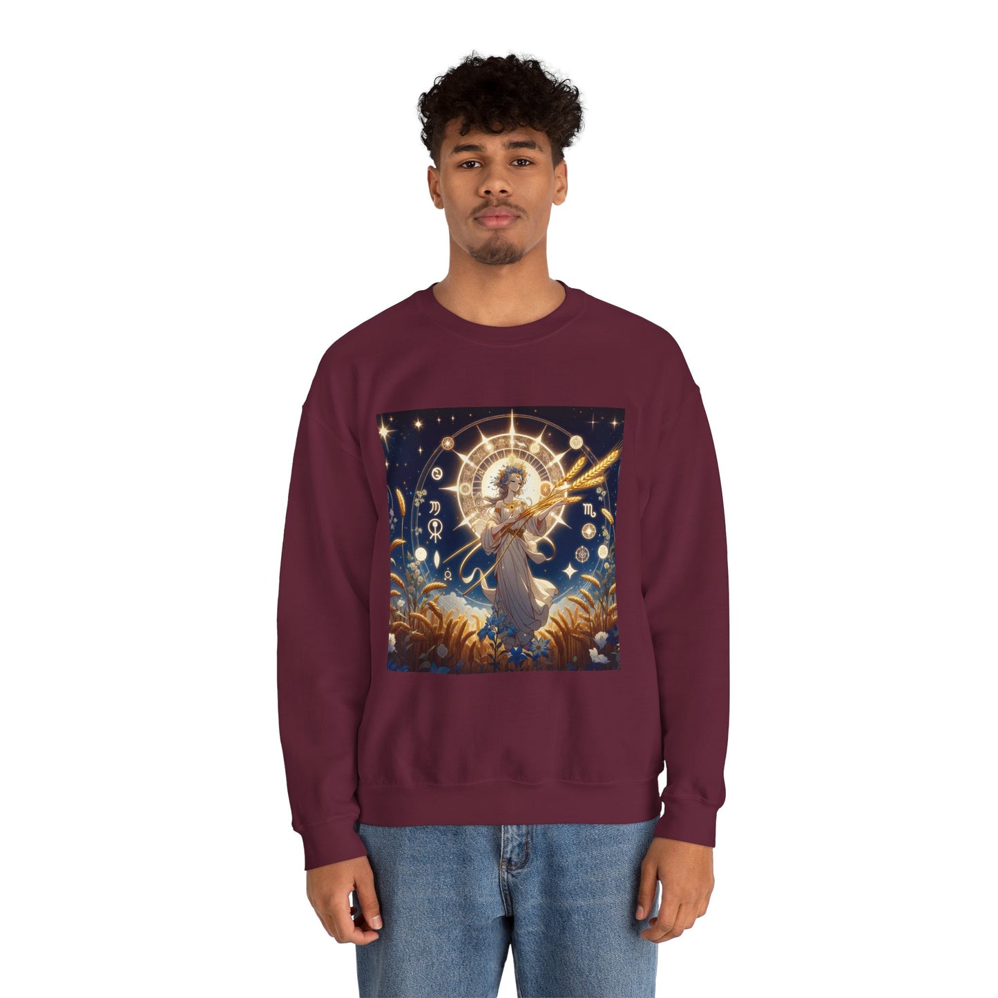 Unisex Heavy Blend™ Crewneck Sweatshirt, anime girl in wheat field, Virgo Zodiac Design