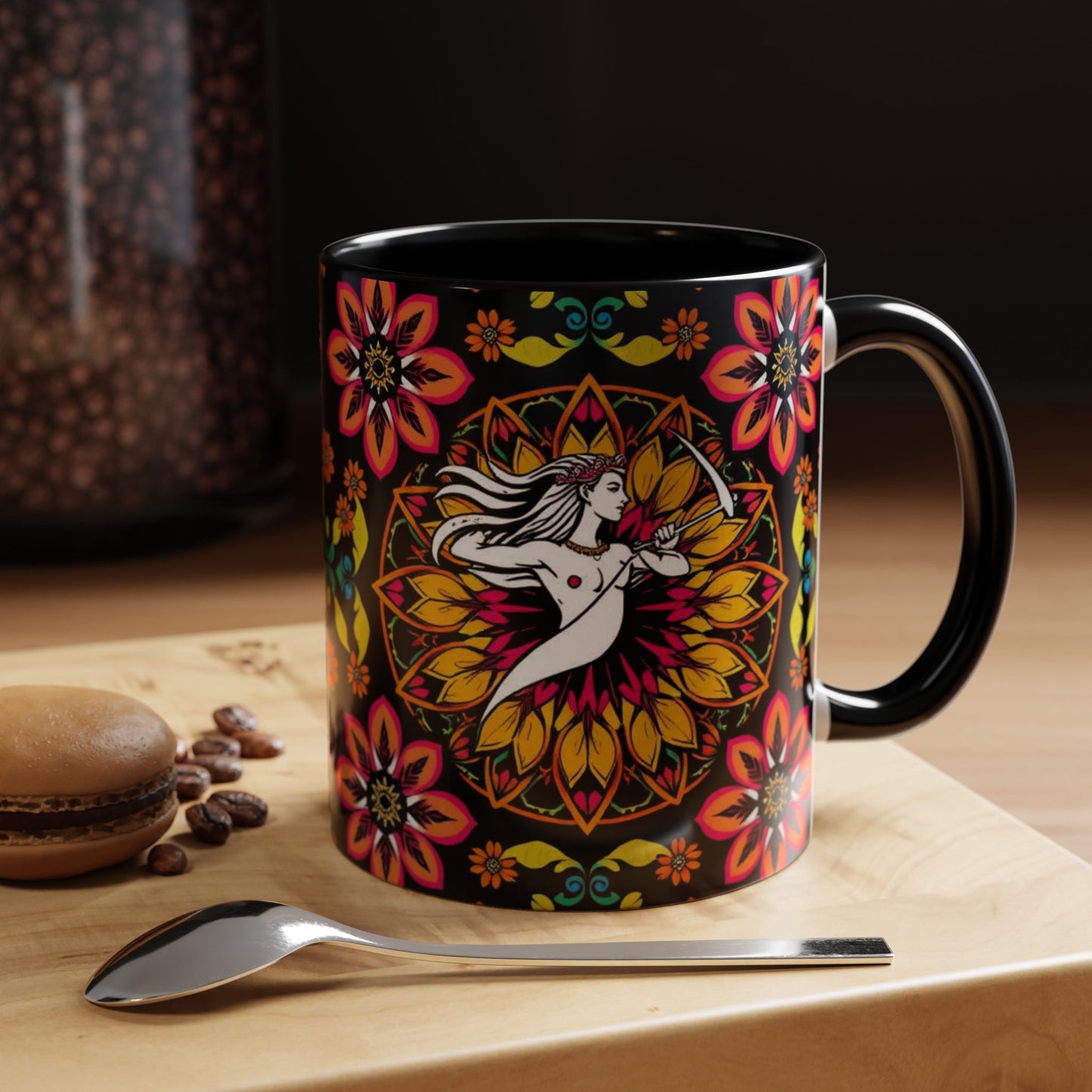 Accent Coffee Mug, Sagittarius, Zodiac v2. Flower Pattern, (11, 15oz)