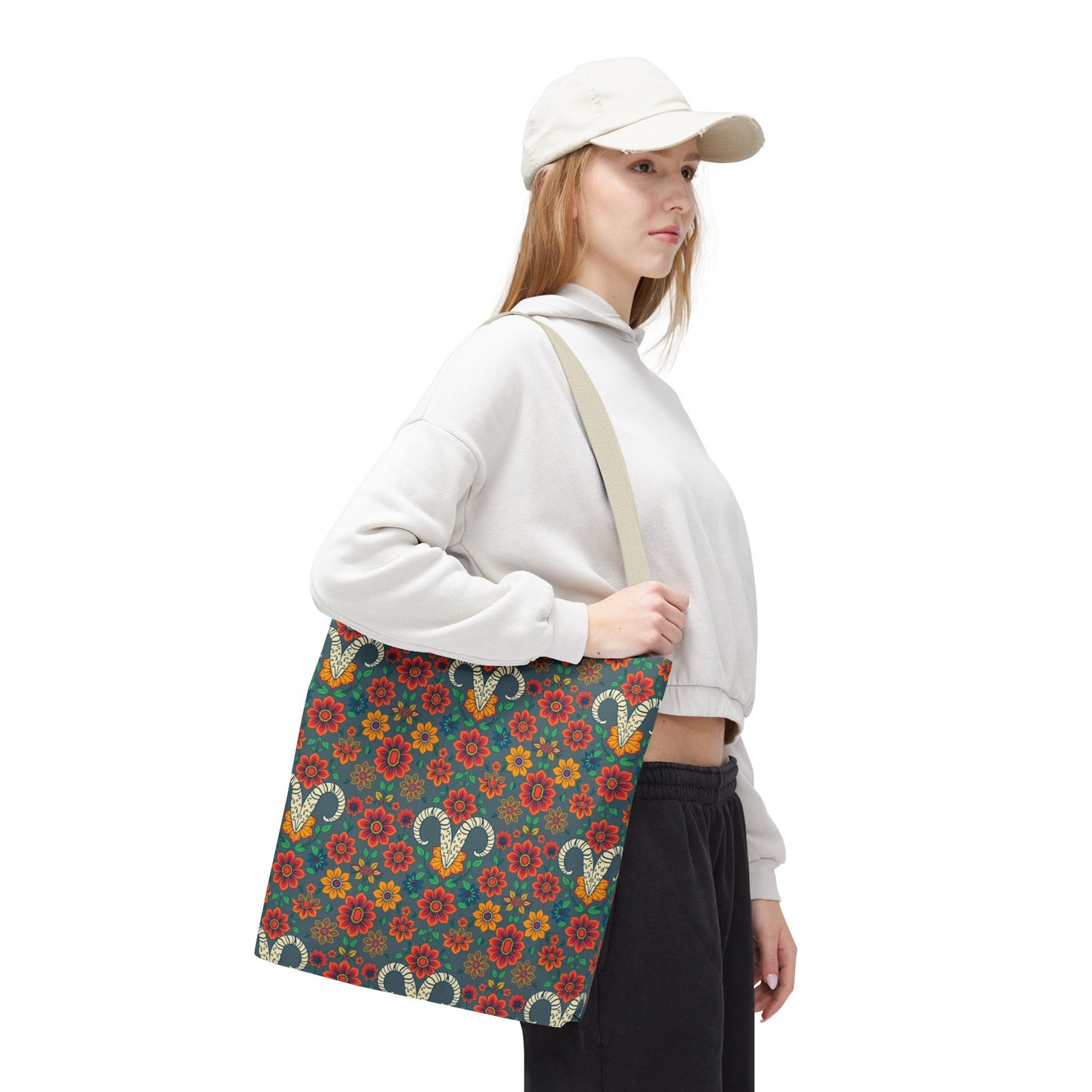 Tote Bag, (AOP), Aries, Zodiac v1, Flower Pattern