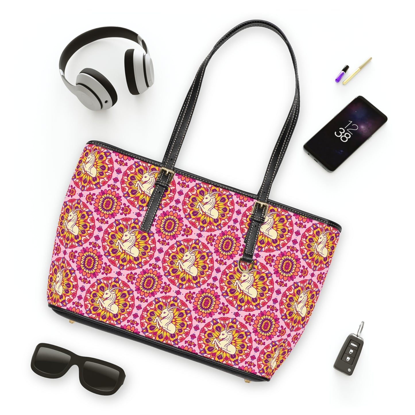 Leather Shoulder Bag, Capricorn, Zodiac, Flower Pattern