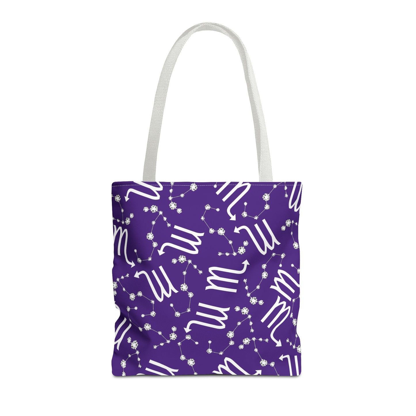Tote Bag, Scorpio Zodiac Sign, AOP, (Purple, White)