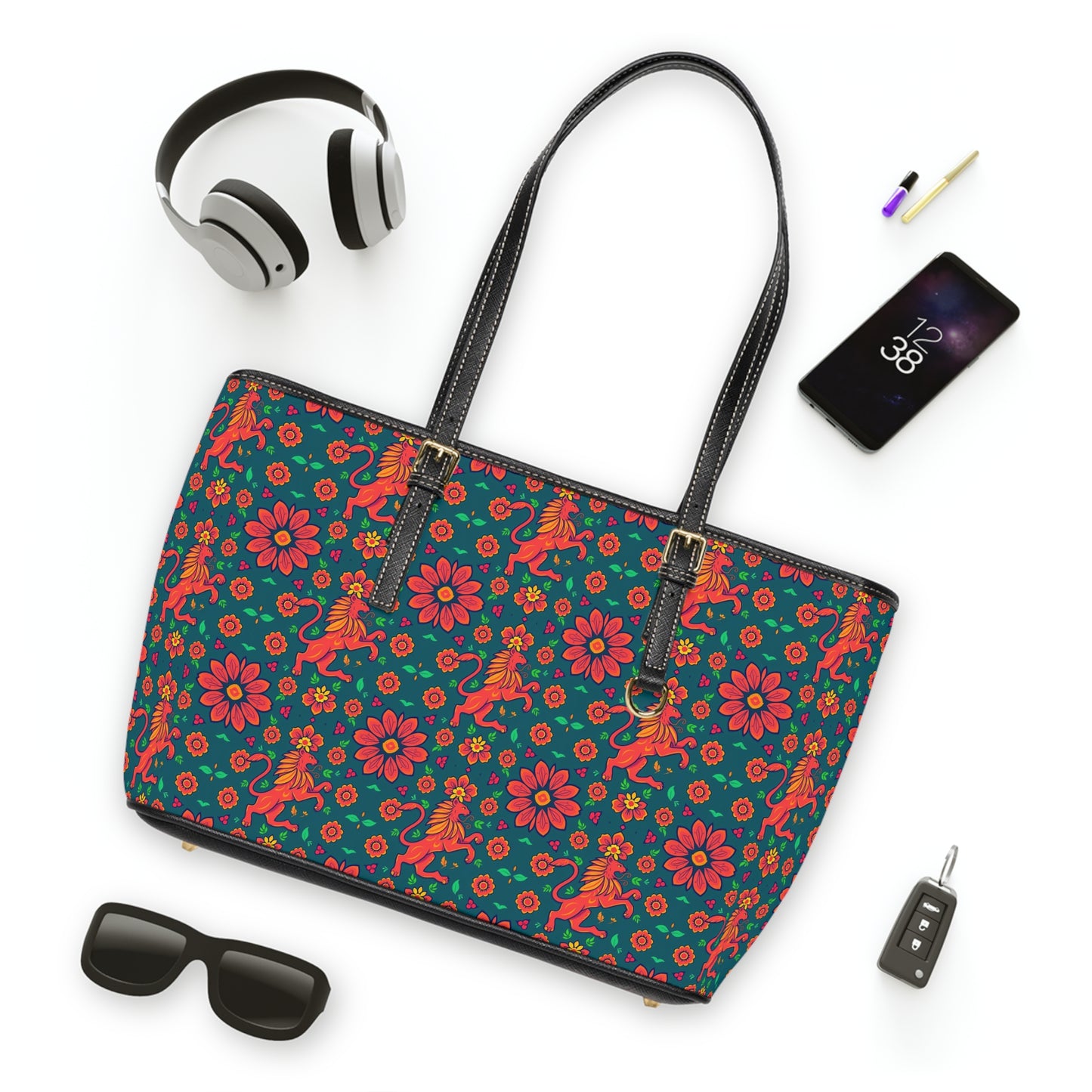 Leather Shoulder Bag, Leo, Zodiac v1, Flower Pattern