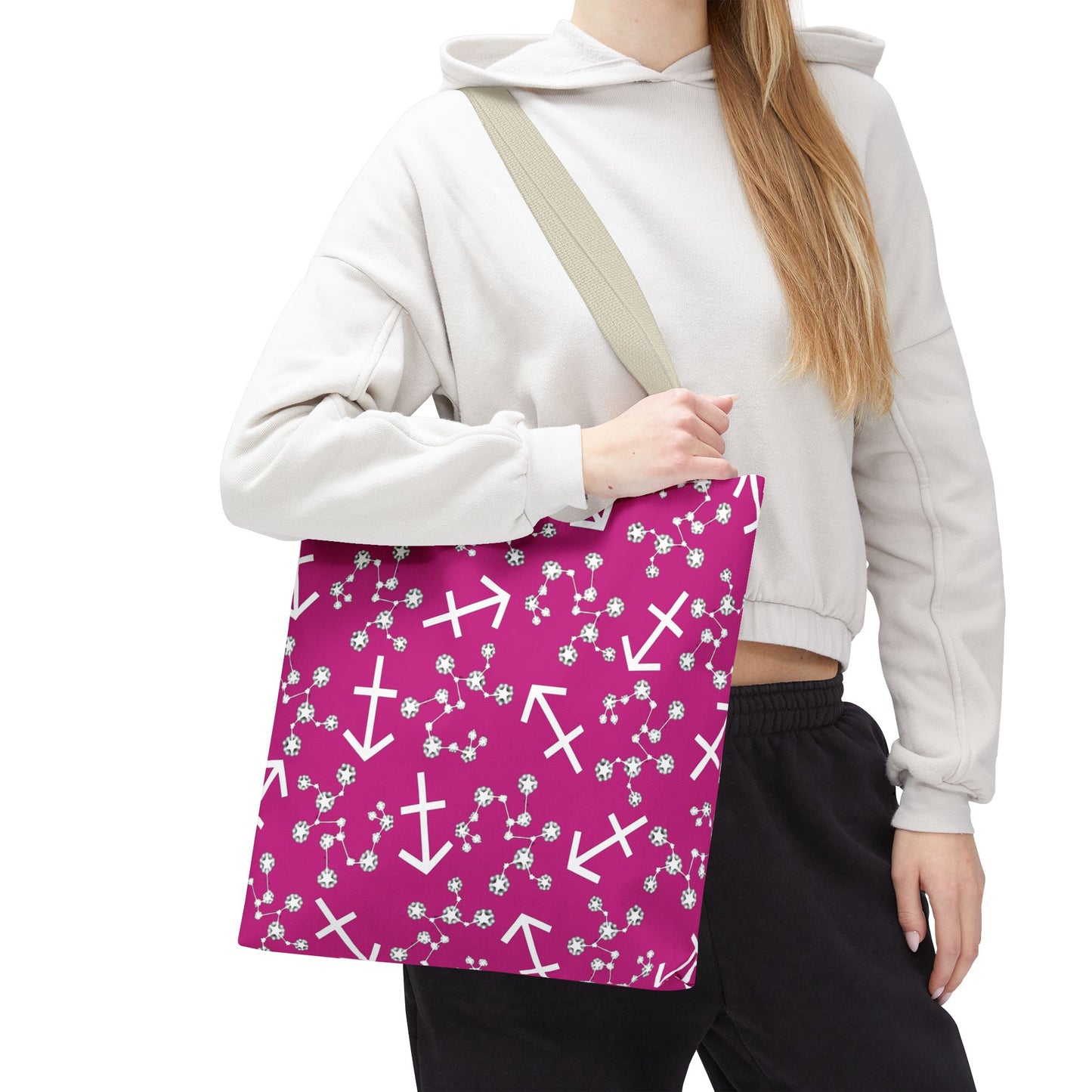 Tote Bag, Sagittarius Zodiac Sign, AOP, (Pink, White Print)