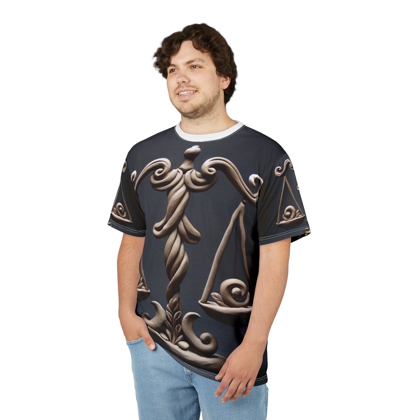 Unisex Cut & Sew T-Shirt (AOP), Bronze Scale, Libra Zodiac Design, Regular fit, 100% Polyester