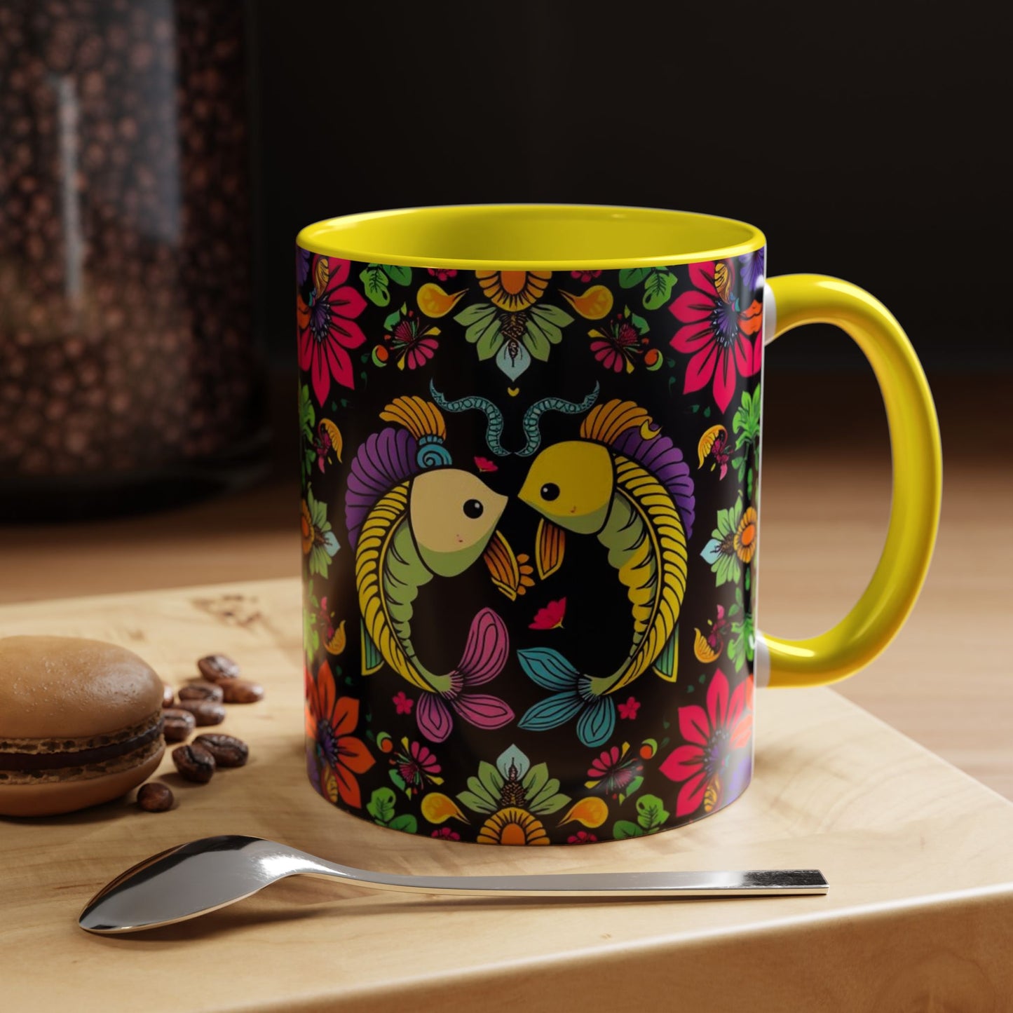 Accent Coffee Mug, Pisces, Zodiac v3, Flower Pattern, (11, 15oz)