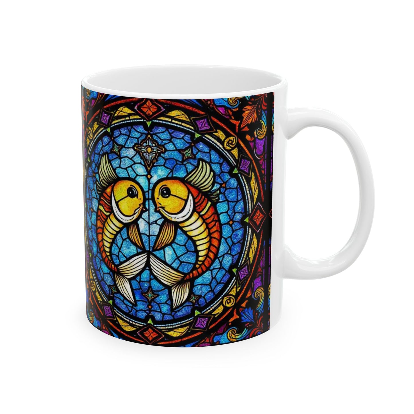 Ceramic Mug, (11oz, 15oz), Ceramic Coffee Mug, AOP, Glass Design, Pisces Zodiac Sign
