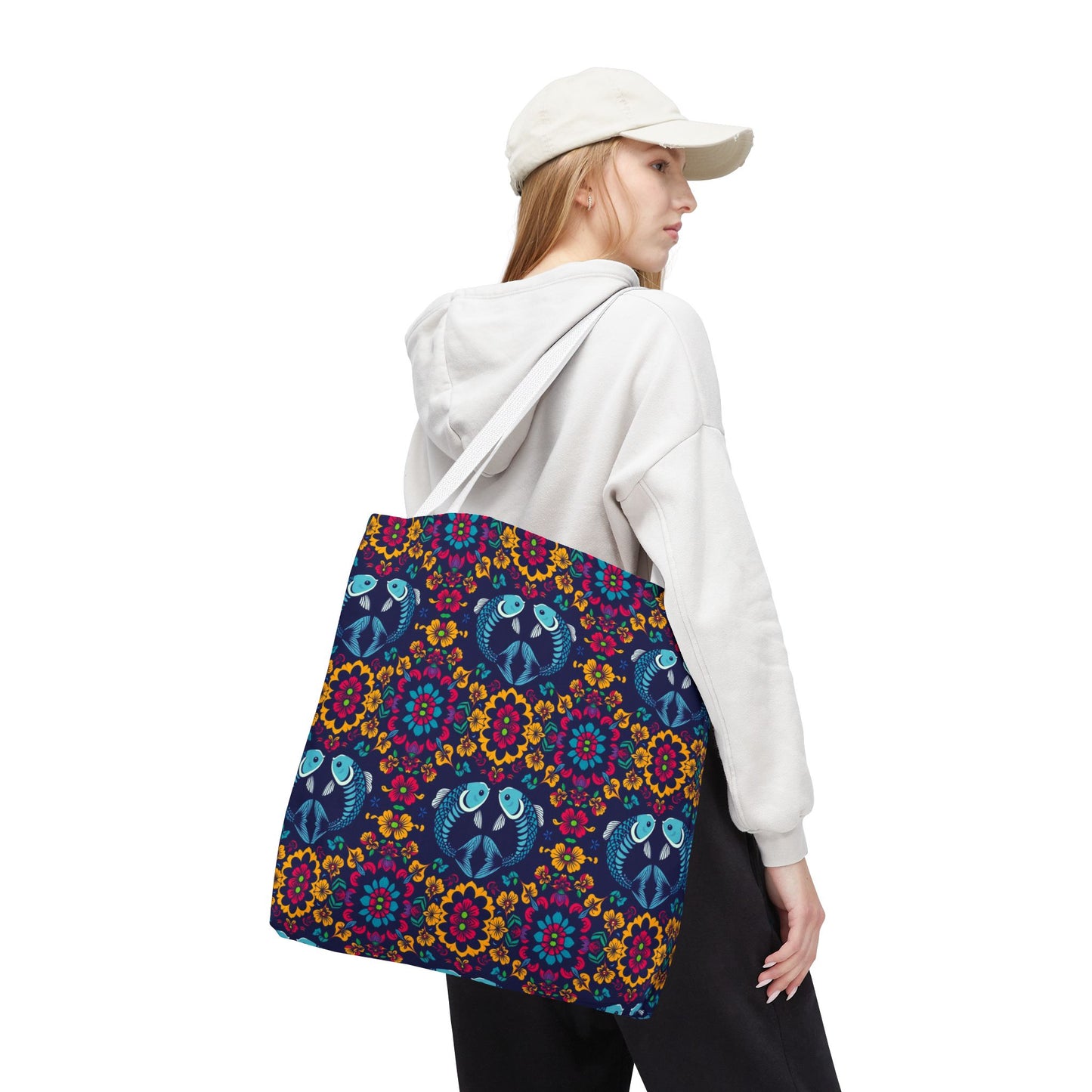 Tote Bag, (AOP), Pisces, Zodiac v3, Flower Pattern