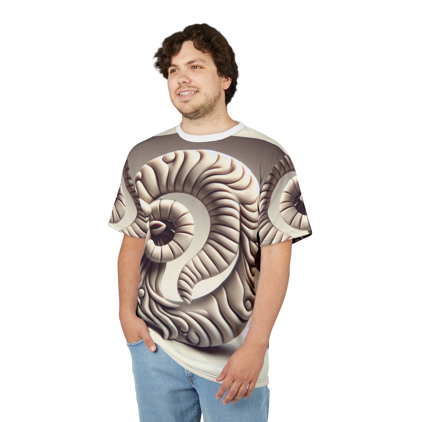 Unisex Cut & Sew T-Shirt (AOP), Stone Carving, Aries Zodiac Design, Regular fit, 100% Polyester