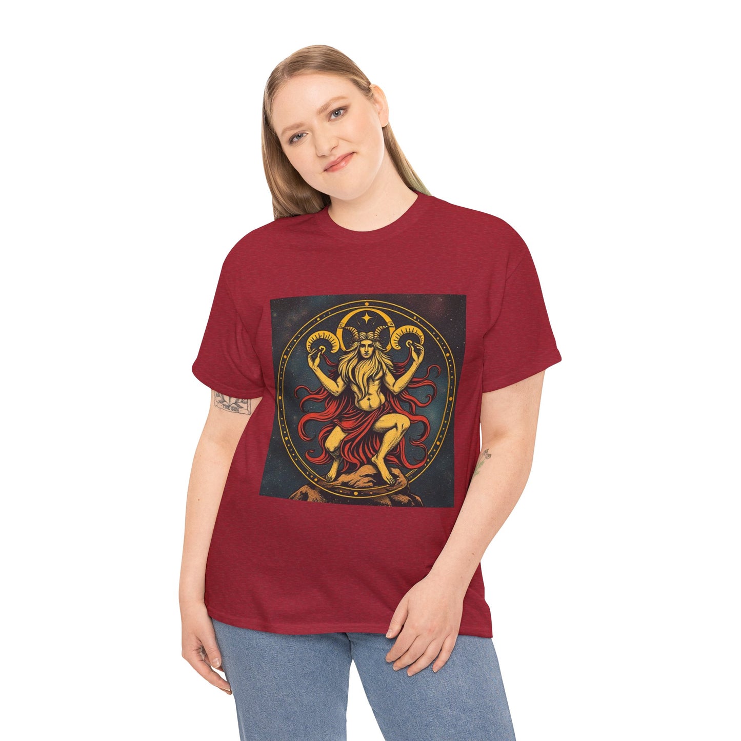 Unisex Heavy Cotton T-Shirt, Aries God 3v, Zodiac Design