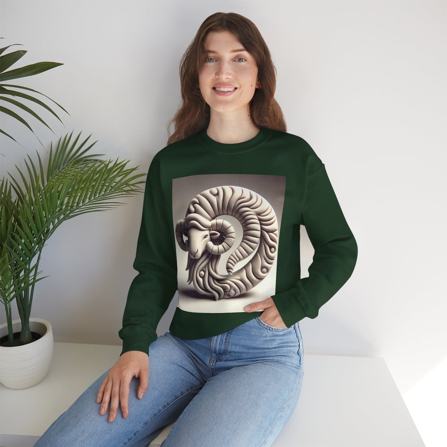 Unisex Heavy Blend™ Crewneck Sweatshirt, Round Statue, Aries Zodiac Design