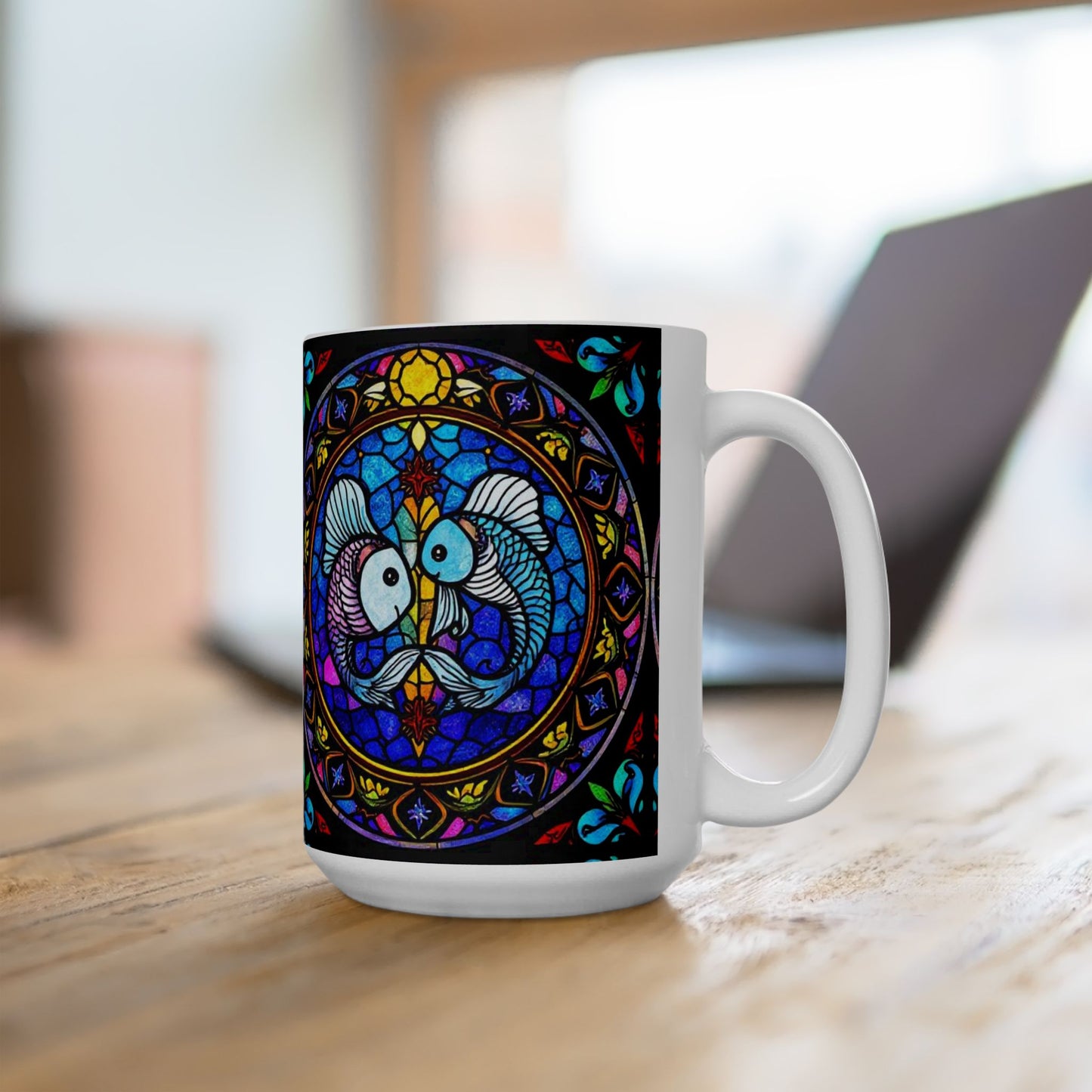 Ceramic Mug, (11oz, 15oz), Ceramic Coffee Mug, AOP, Glass Design v1, Pisces Zodiac Sign