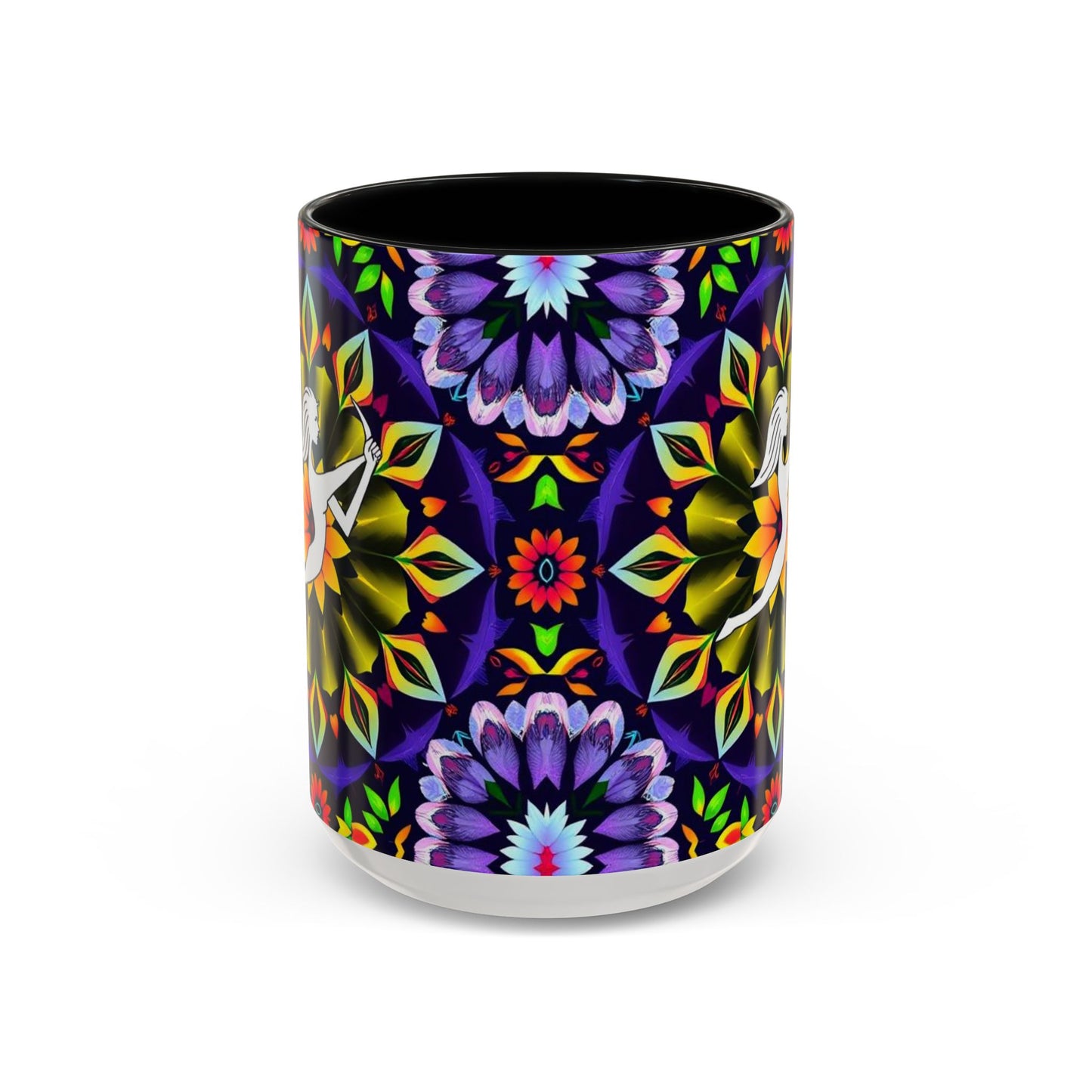 Accent Coffee Mug, Sagittarius, Zodiac v1. Flower Pattern, (11, 15oz)
