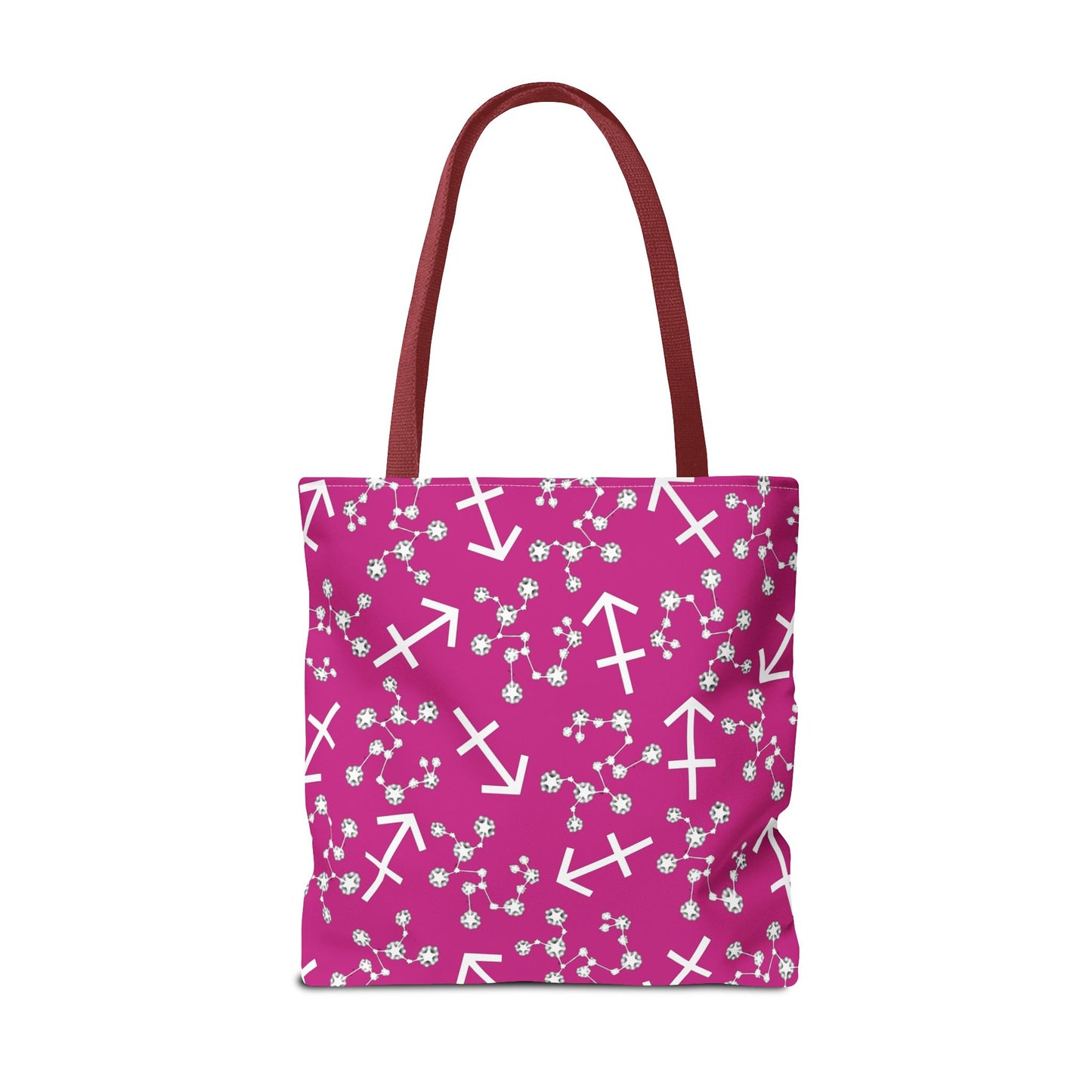 Tote Bag, Sagittarius Zodiac Sign, AOP, (Pink, White Print)