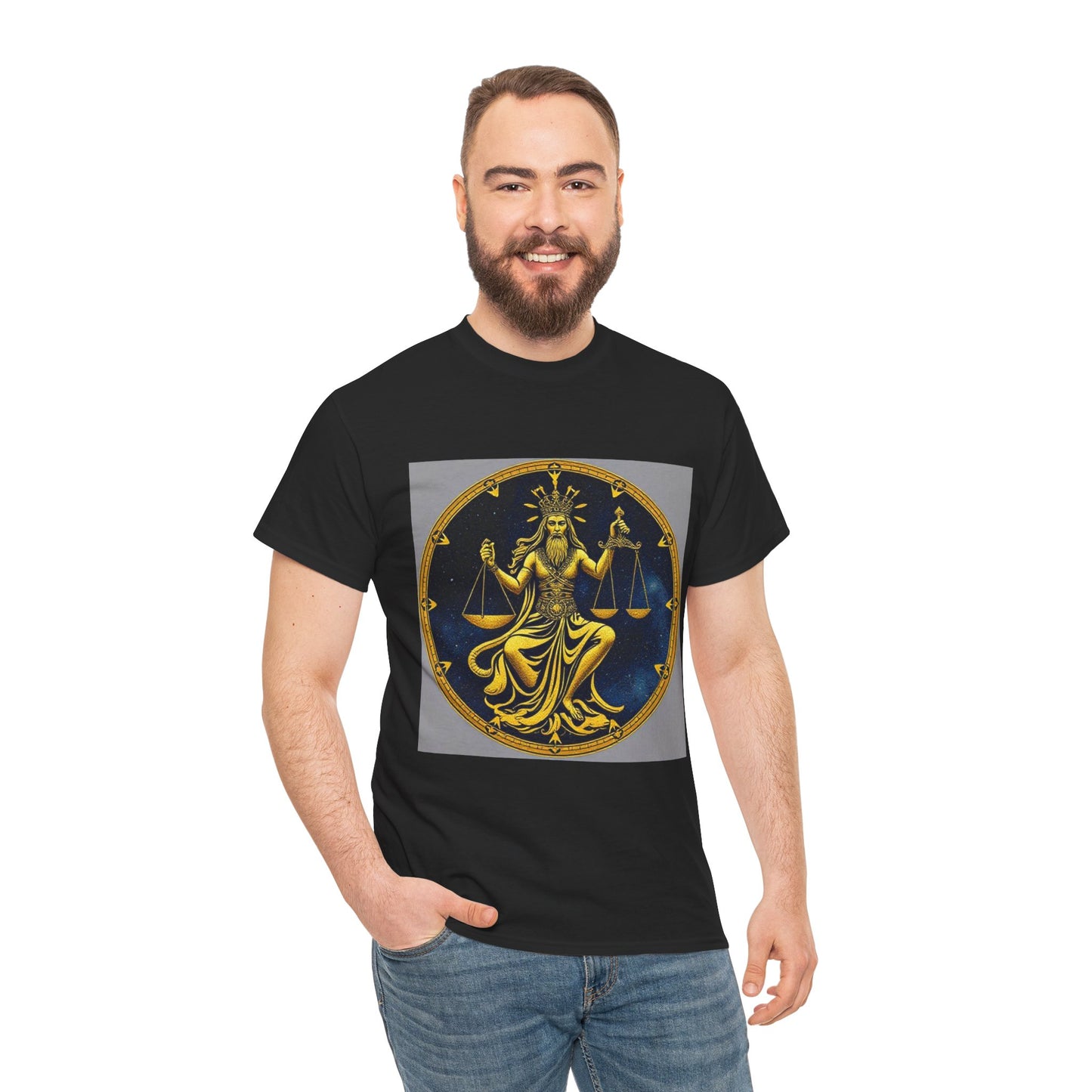 Unisex Heavy Cotton T-Shirt, Gold v1, Libra God, Zodiac Design