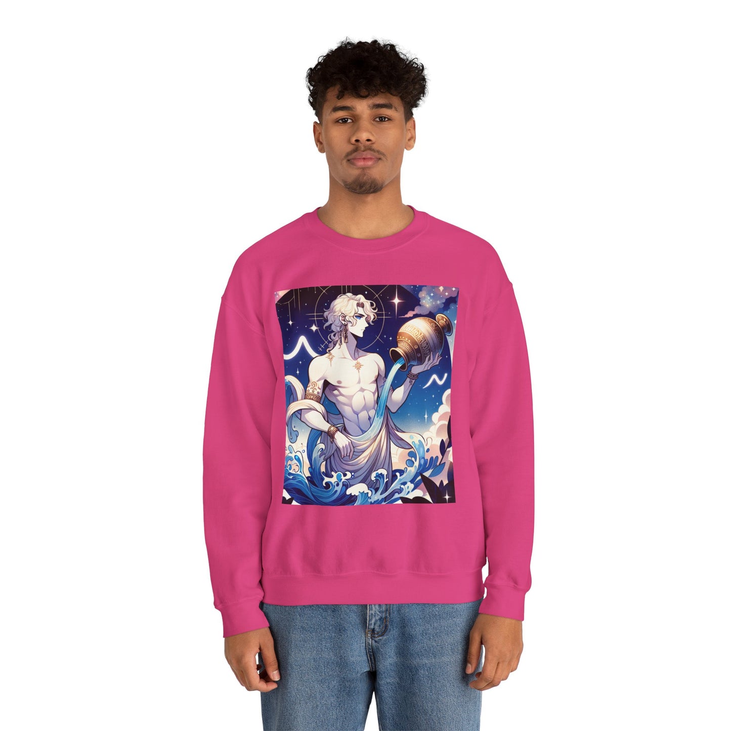 Unisex Heavy Blend™ Crewneck Sweatshirt, Anime Aqua God, Aquarius Zodiac Design