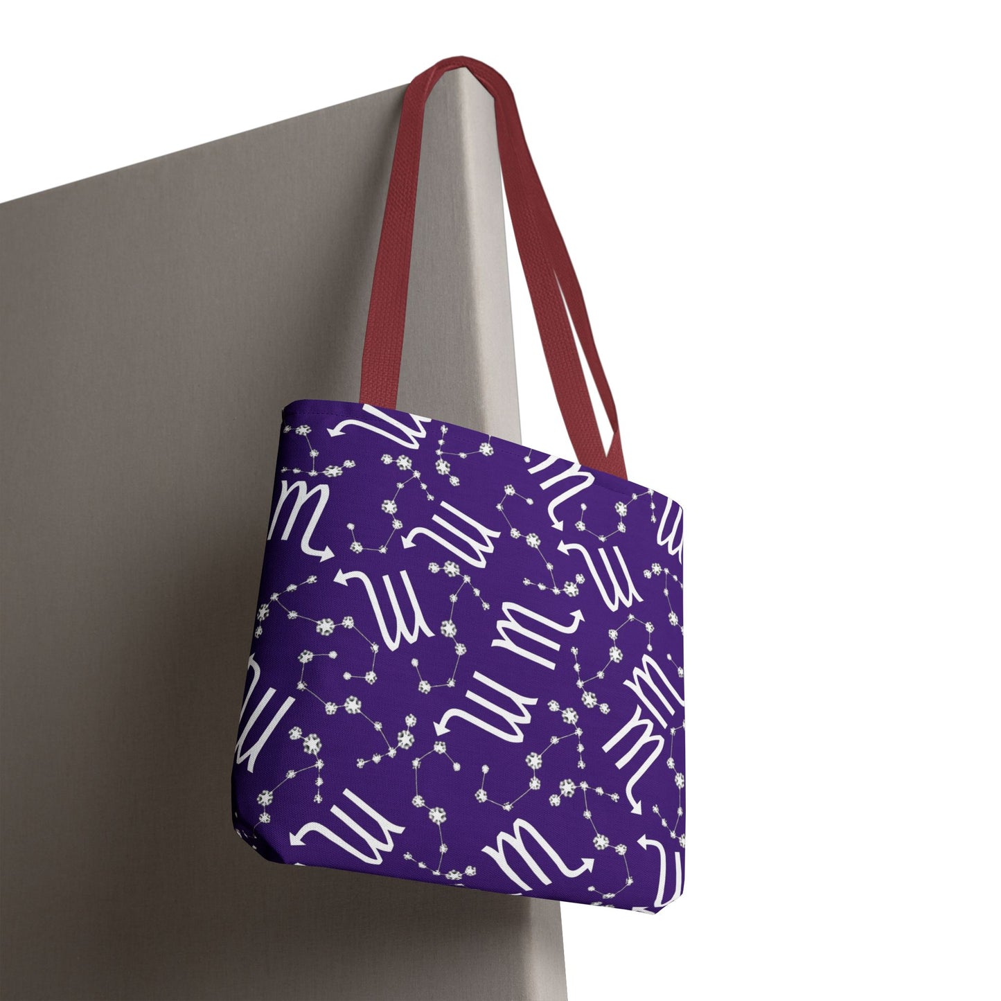 Tote Bag, Scorpio Zodiac Sign, AOP, (Purple, White)