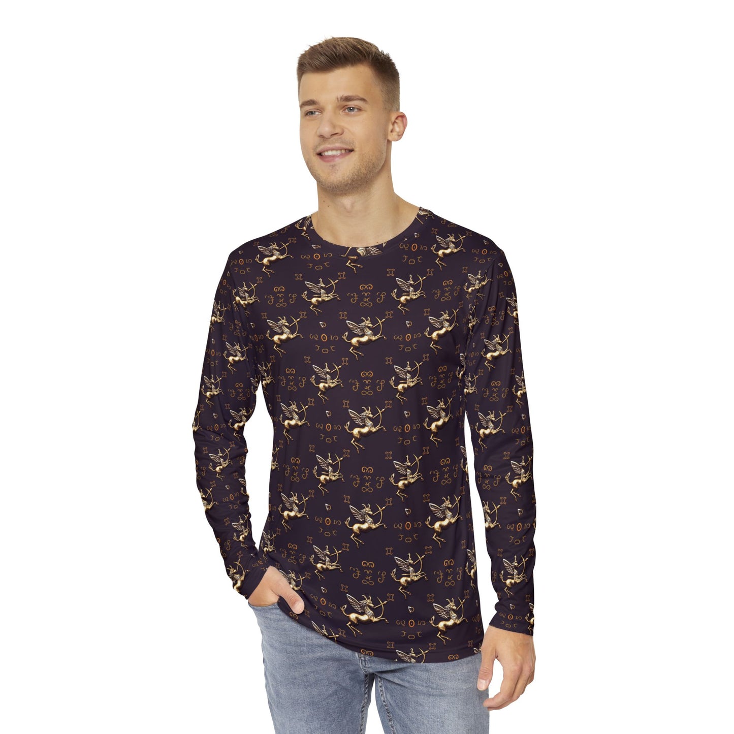 Men's Long Sleeve Shirt, (AOP), Sagittarius, Zodiac v2, Pattern