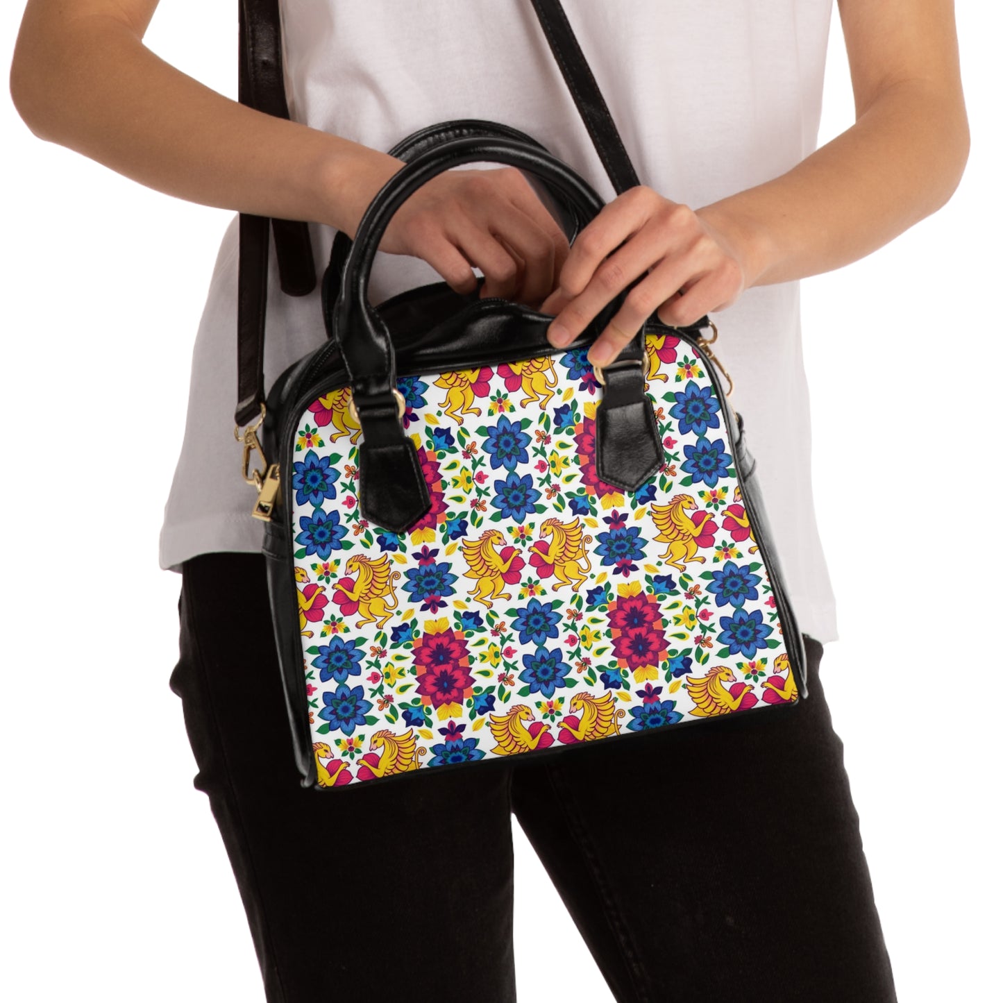 Shoulder Handbag, Gemini, Zodiac v2, Flower Pattern