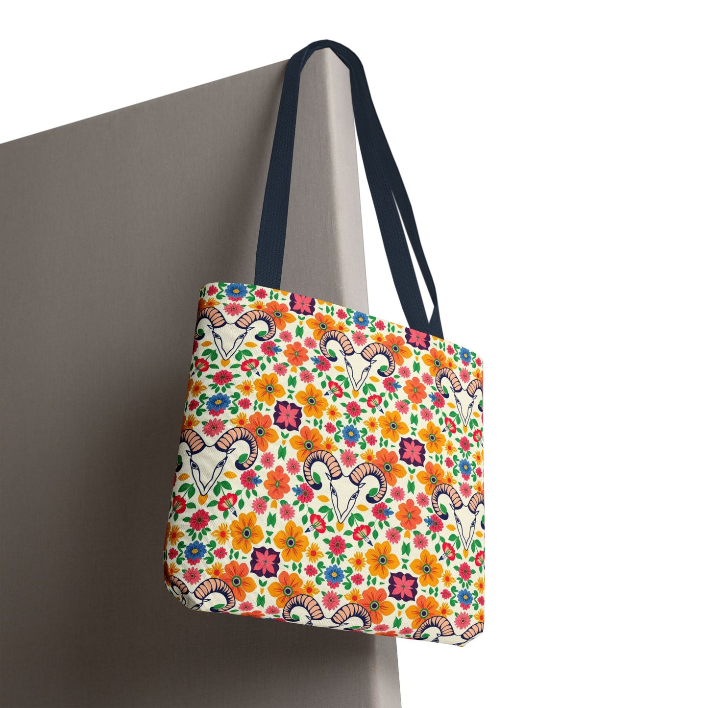 Tote Bag, (AOP), Aries, Zodiac v2, Flower Pattern