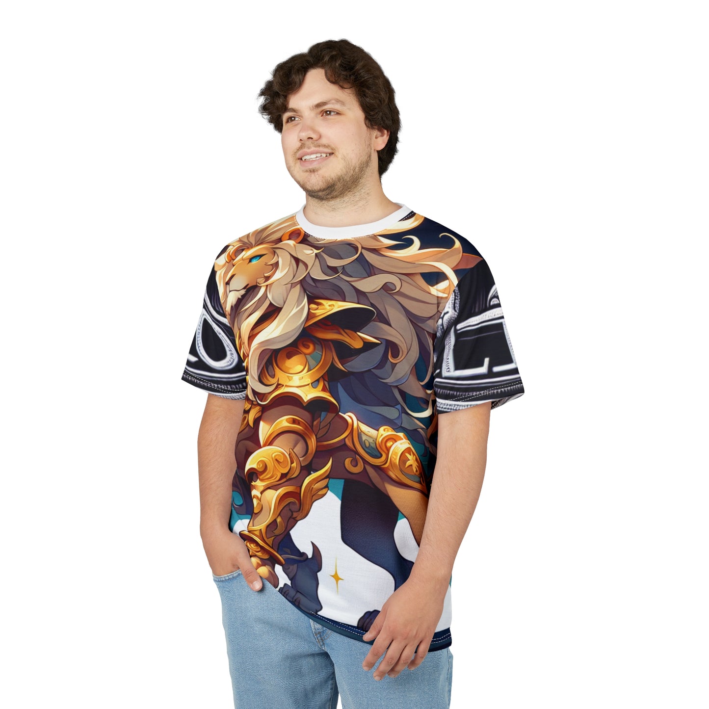 Unisex Cut & Sew T-Shirt (AOP), Armored Lion, Leo Zodiac Design, Regular fit, 100% Polyester
