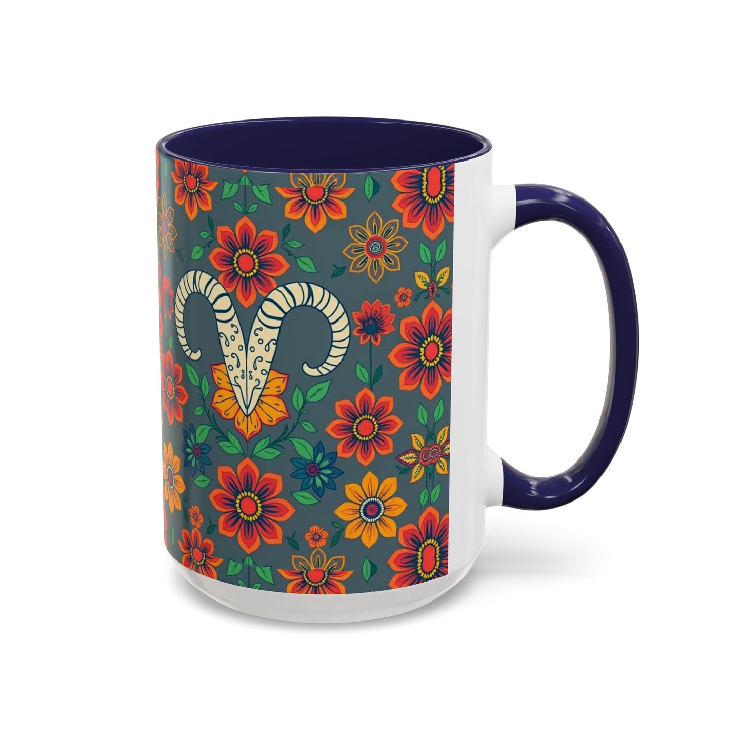 Accent Coffee Mug, Aries, Zodiac v4, Flower Pattern, (11, 15oz)