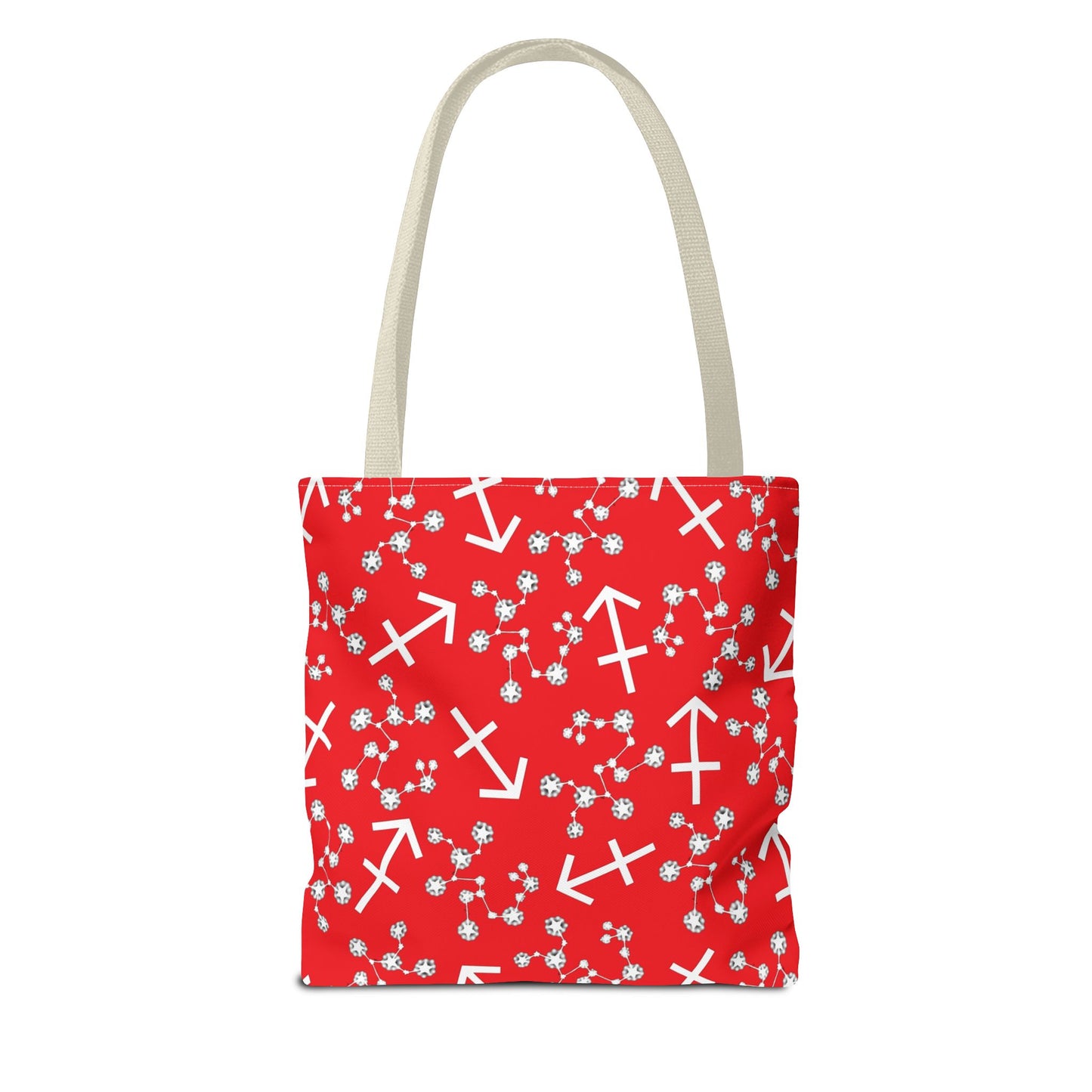 Tote Bag, Sagittarius Zodiac Sign, AOP, (Red, White Print)