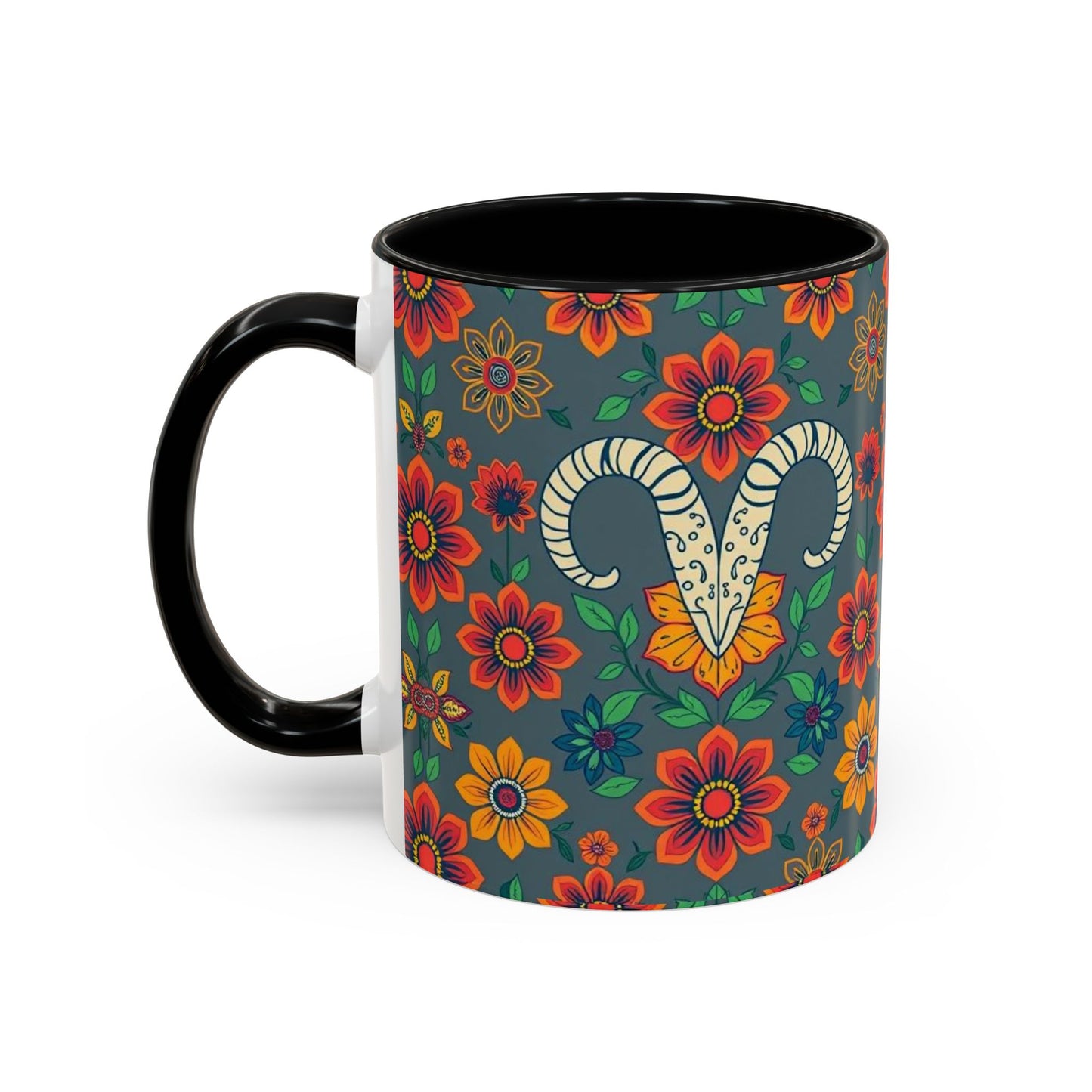 Accent Coffee Mug, Aries, Zodiac v4, Flower Pattern, (11, 15oz)