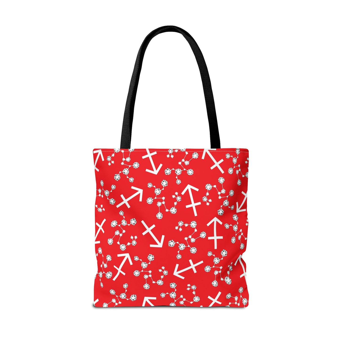 Tote Bag, Sagittarius Zodiac Sign, AOP, (Red, White Print)
