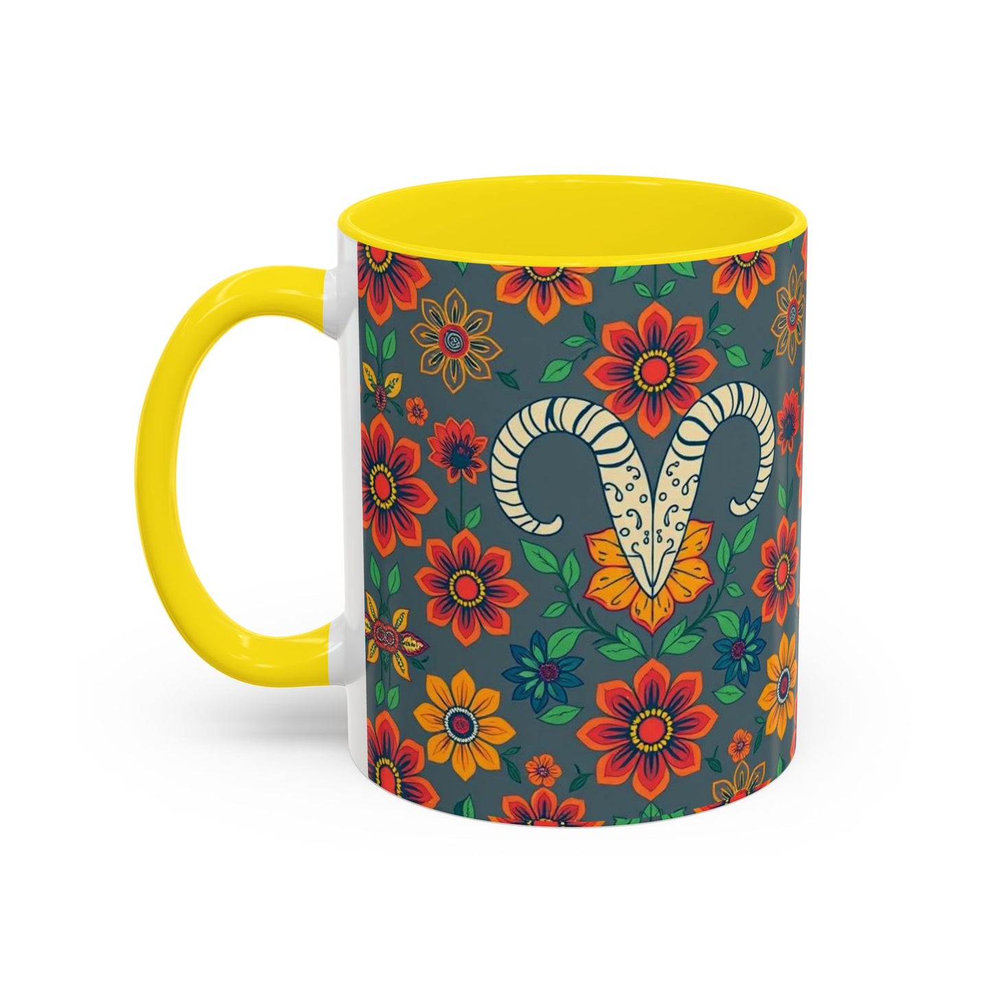 Accent Coffee Mug, Aries, Zodiac v4, Flower Pattern, (11, 15oz)