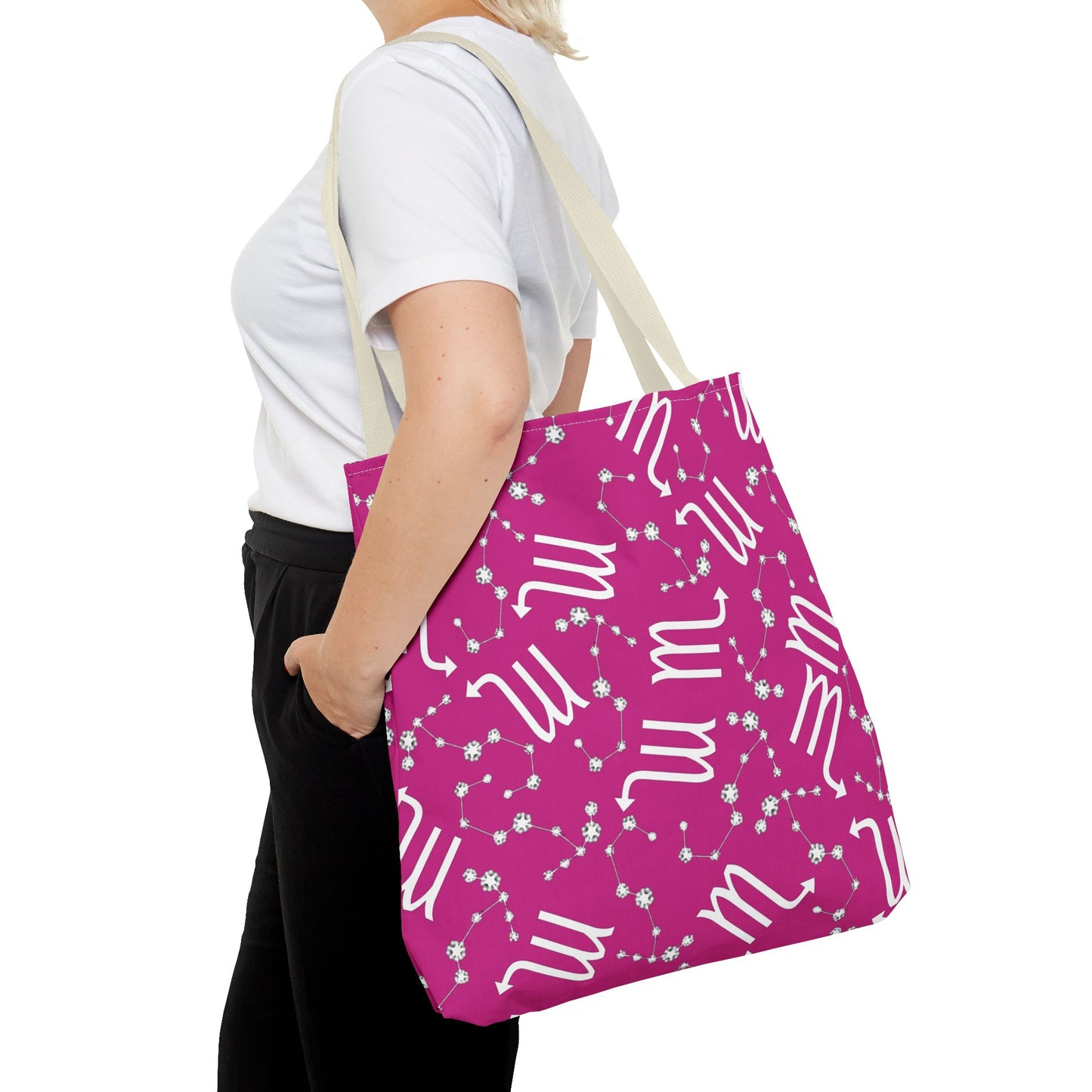 Tote Bag, Scorpio Zodiac Sign, AOP, (Pink, White)