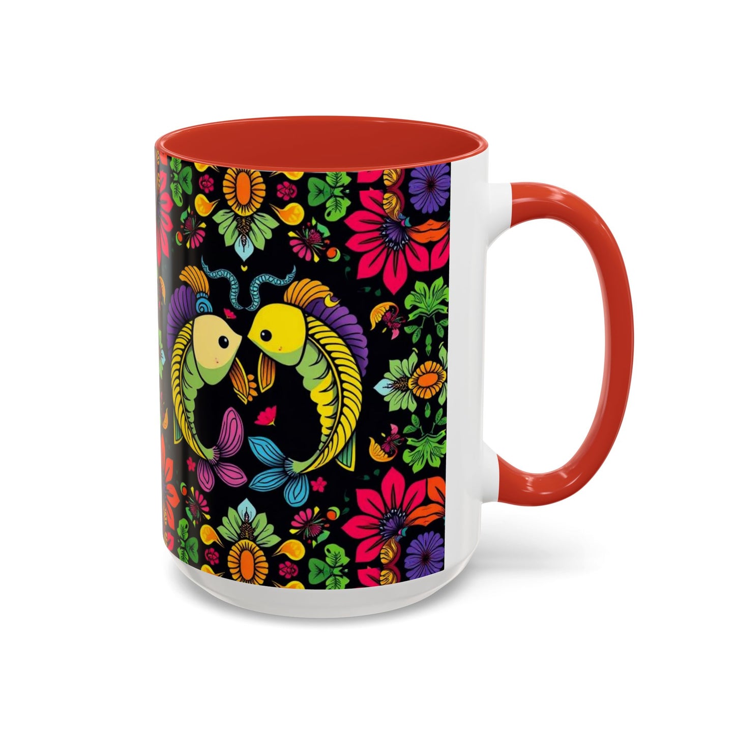 Accent Coffee Mug, Pisces, Zodiac v3, Flower Pattern, (11, 15oz)