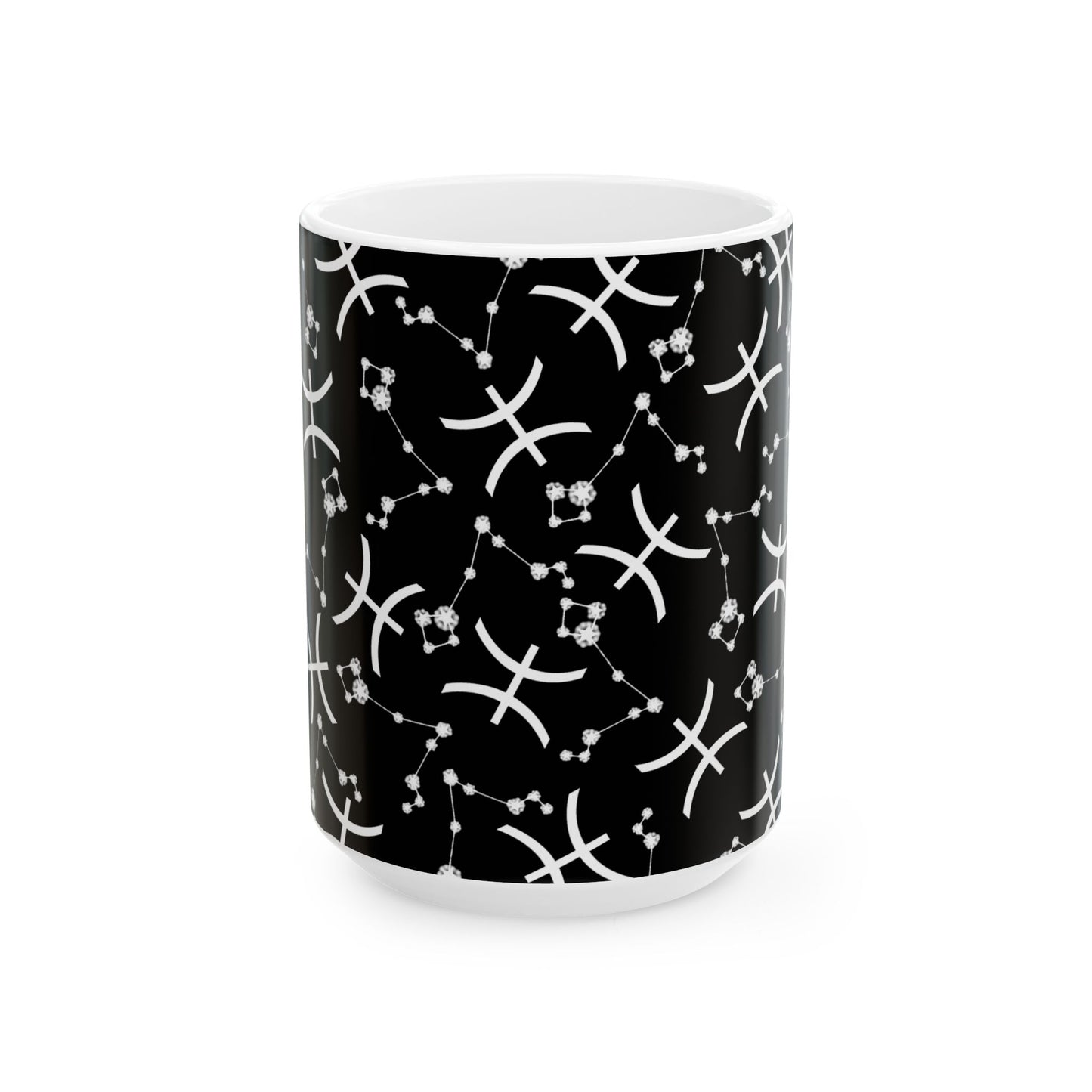 Ceramic Mug, (11oz, 15oz), Ceramic Coffee Mug, Black AOP, Pisces Zodiac Design
