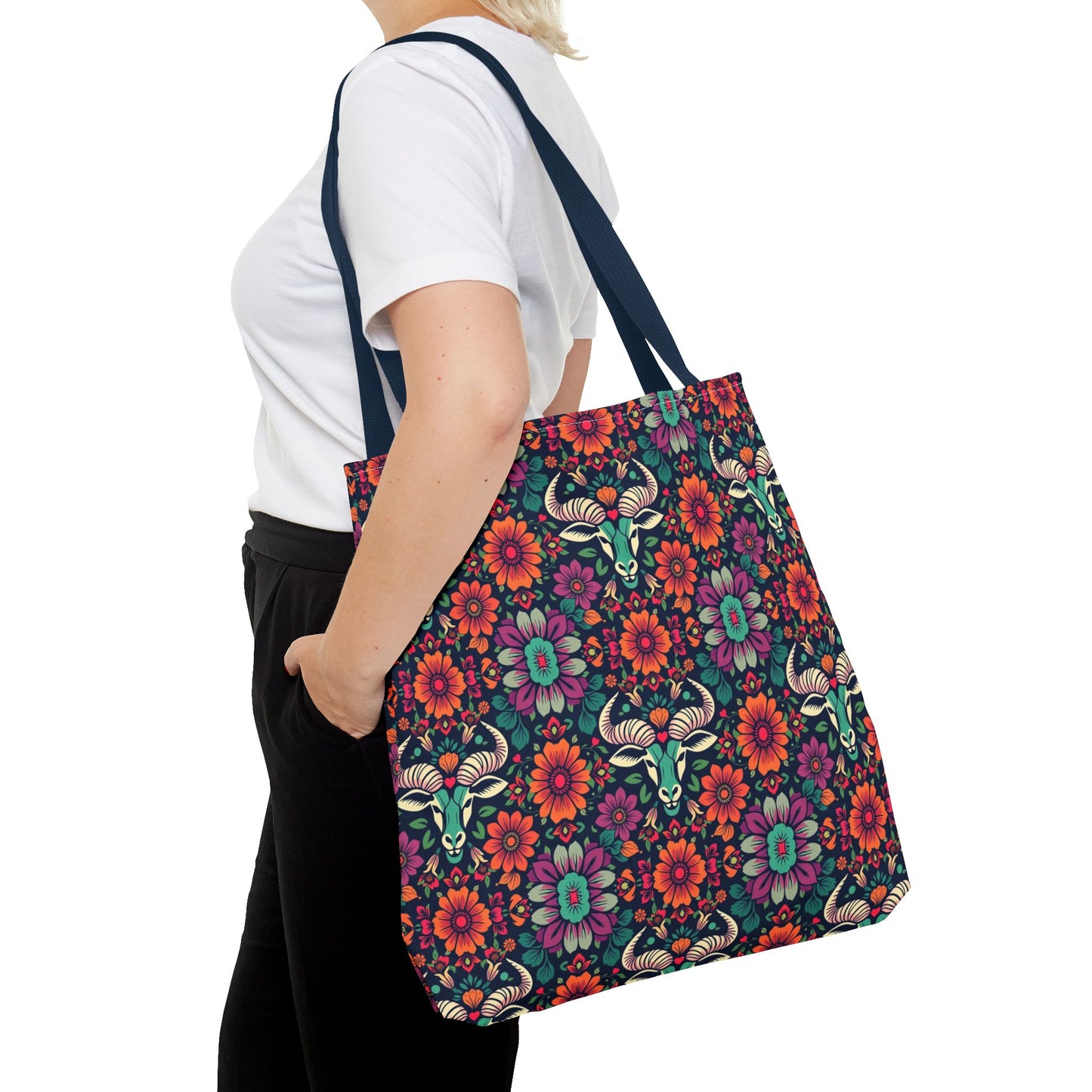 Tote Bag, (AOP), Taurus, Zodiac, Flower Pattern