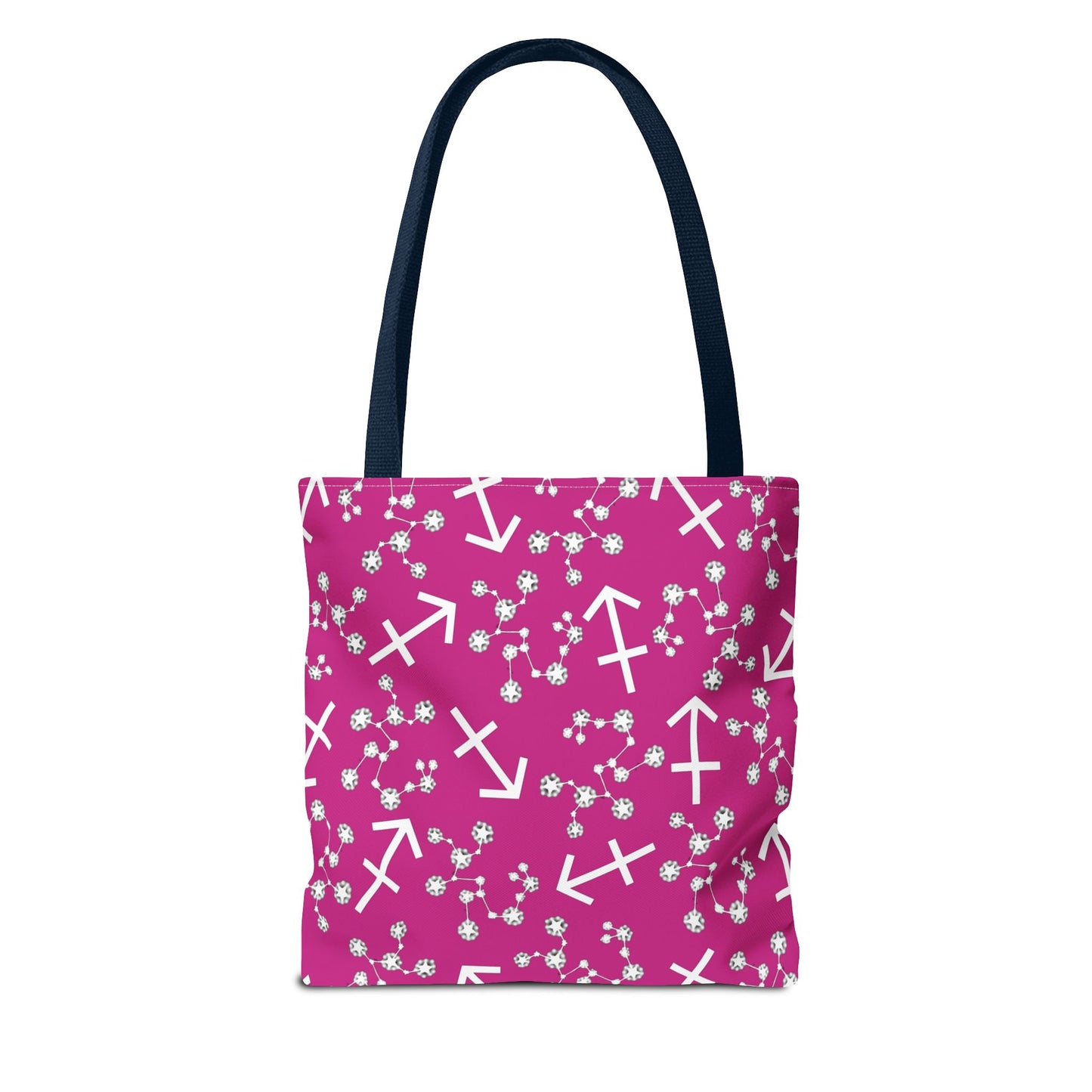 Tote Bag, Sagittarius Zodiac Sign, AOP, (Pink, White Print)