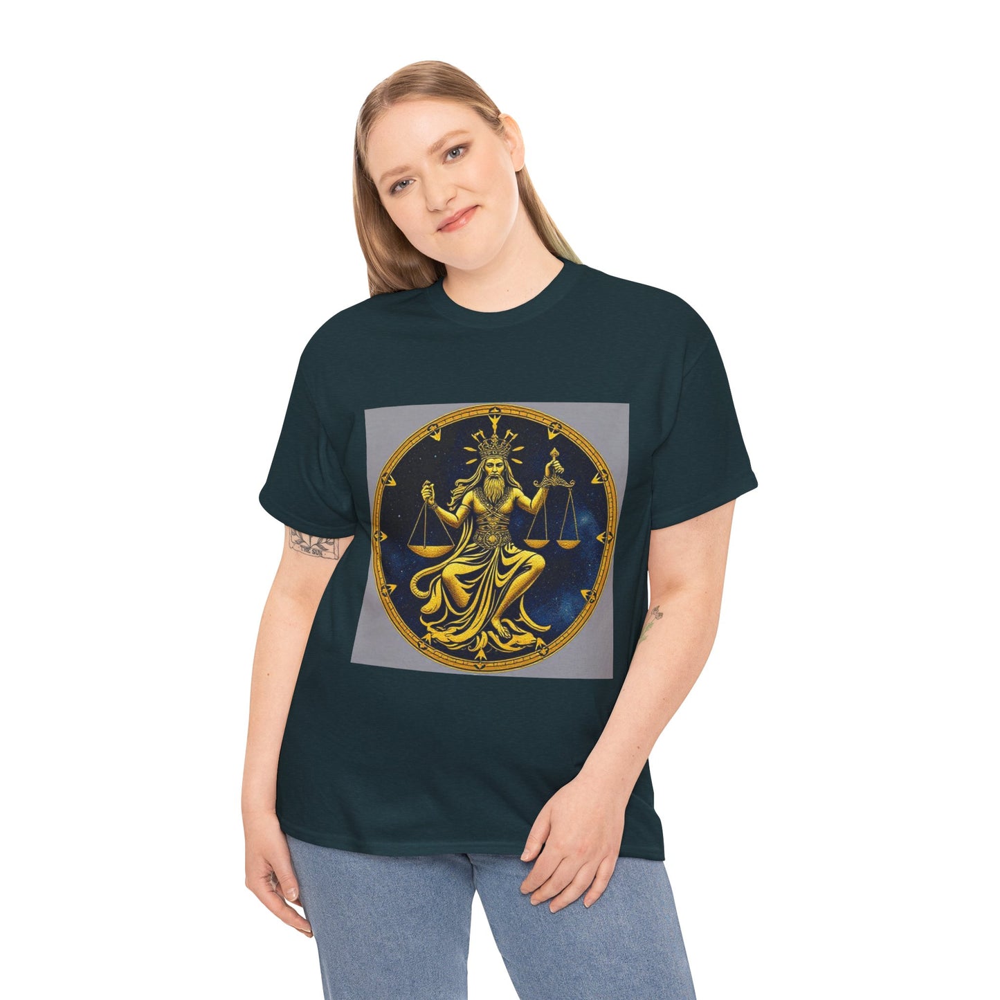 Unisex Heavy Cotton T-Shirt, Gold Libra God, Zodiac Design