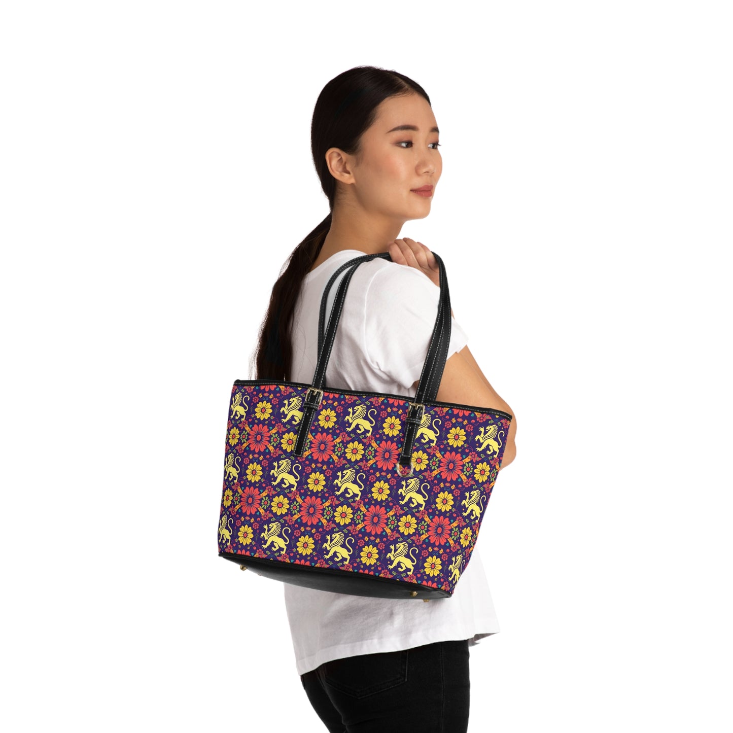 Leather Shoulder Bag, Leo, Zodiac v2, Flower Pattern