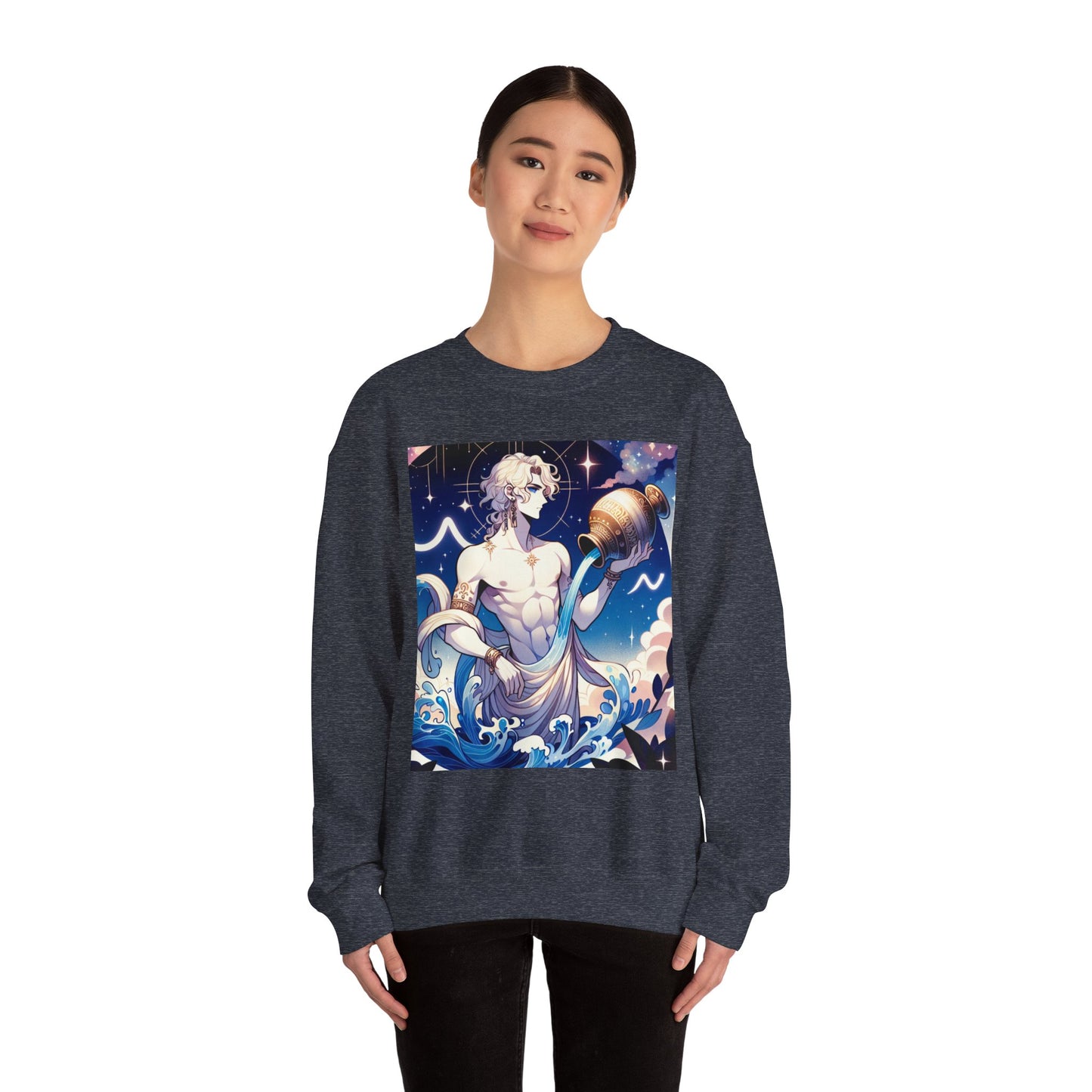 Unisex Heavy Blend™ Crewneck Sweatshirt, Anime Aqua God, Aquarius Zodiac Design