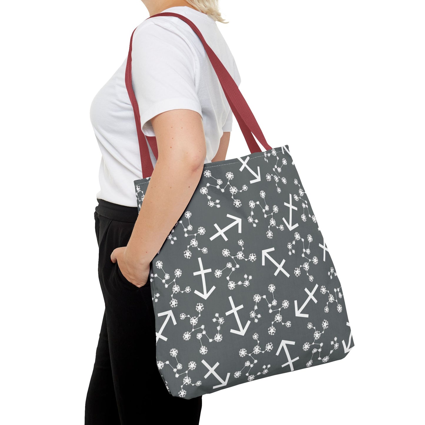 Tote Bag, Sagittarius Zodiac Sign, AOP, (Grey, White Print)