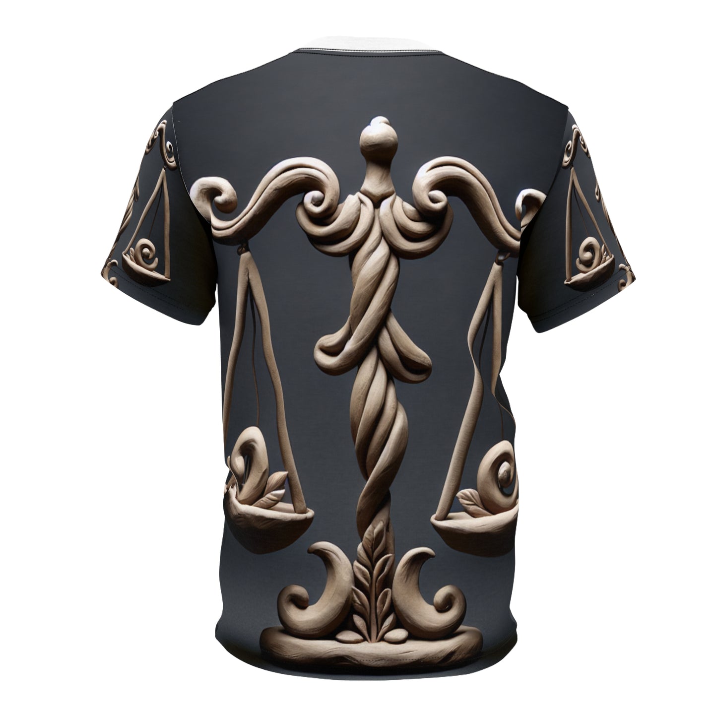 Unisex Cut & Sew T-Shirt (AOP), Bronze Scale, Libra Zodiac Design, Regular fit, 100% Polyester