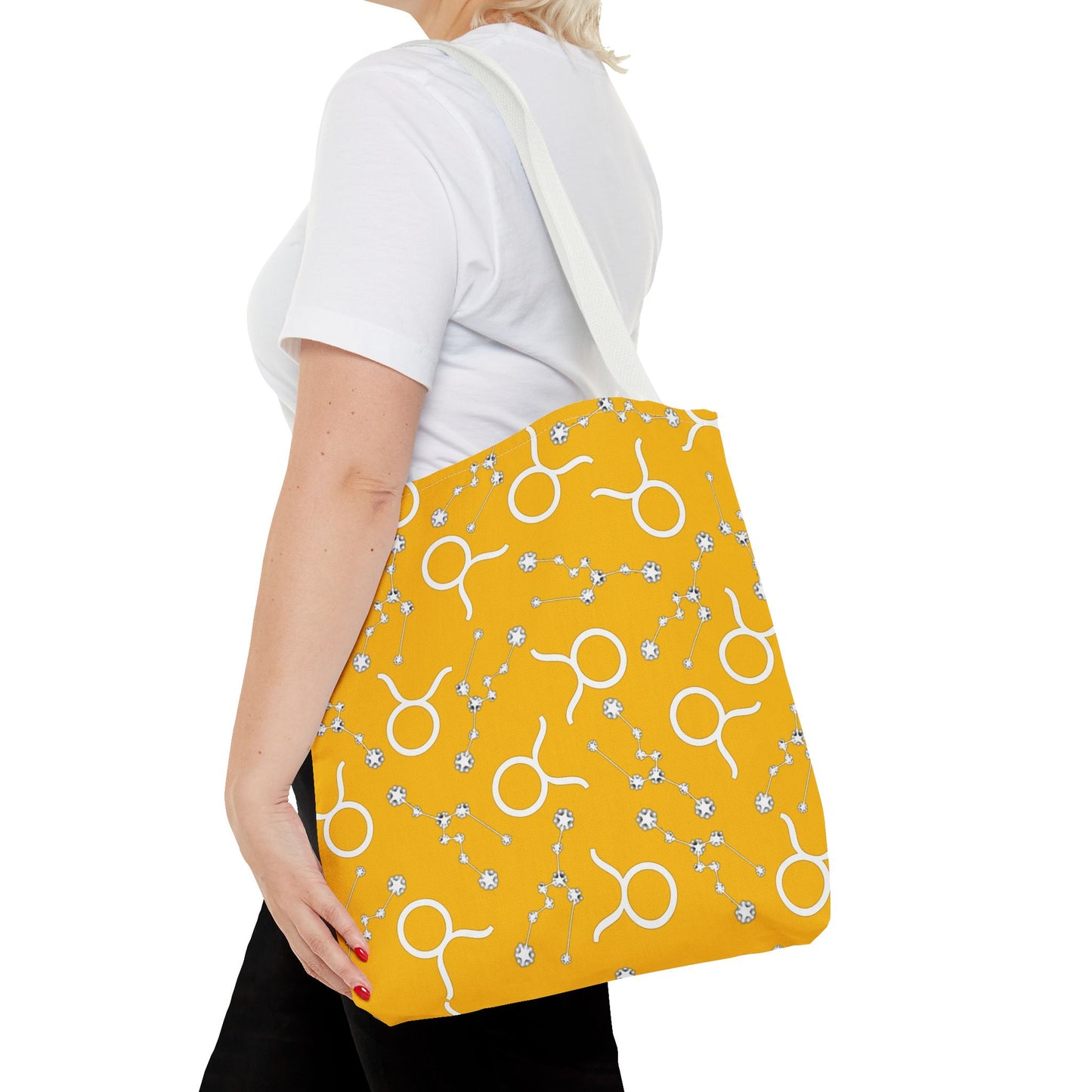 Tote Bag, Taurus Zodiac Sign, AOP, (Yellow, White)