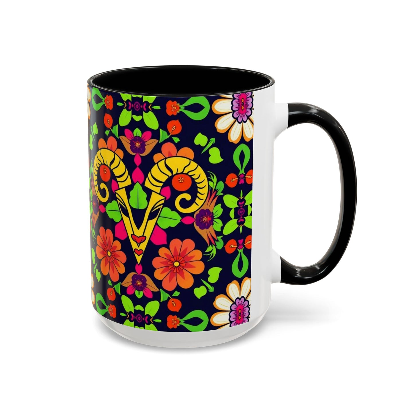 Accent Coffee Mug, Aries, Zodiac v2, Flower Pattern, (11, 15oz)