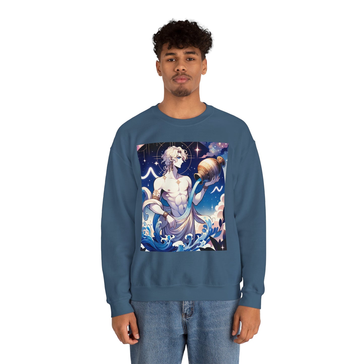 Unisex Heavy Blend™ Crewneck Sweatshirt, Anime Aqua God, Aquarius Zodiac Design
