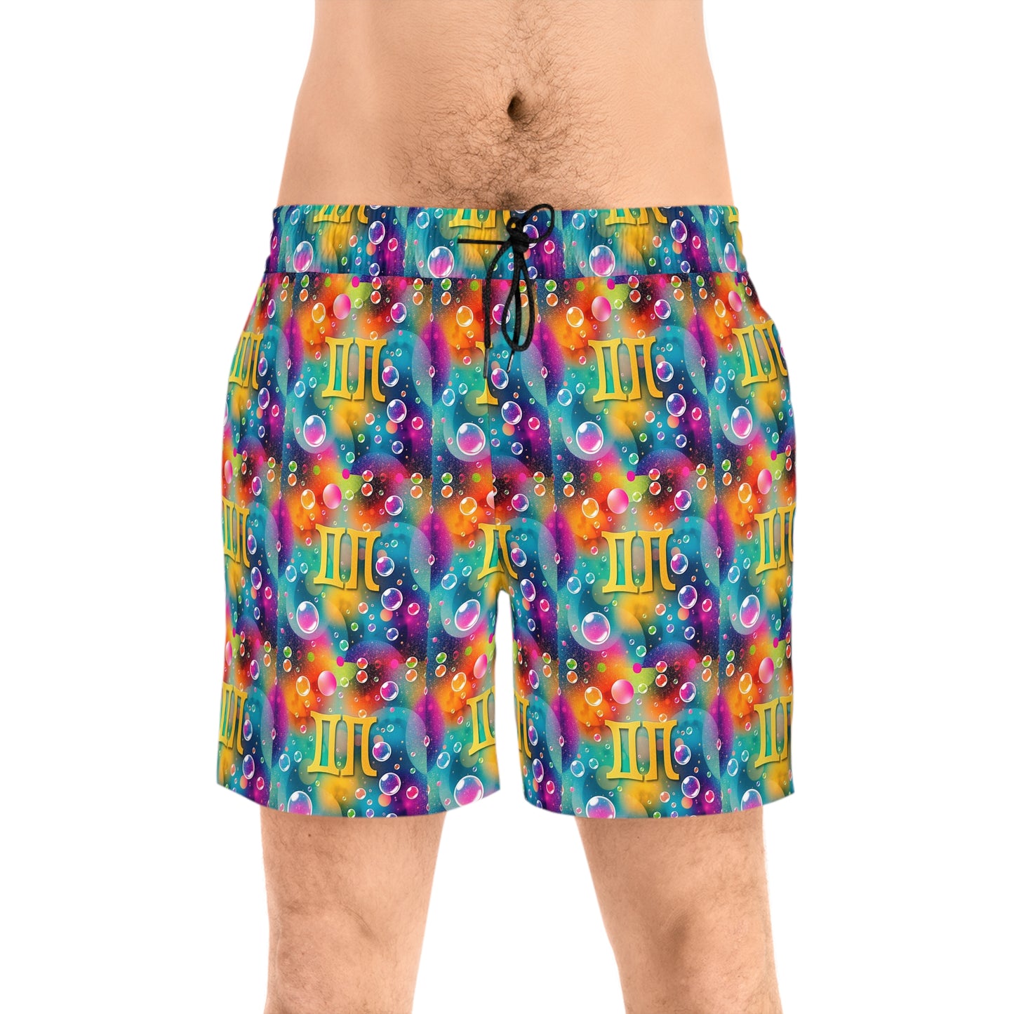 Men's Mid-Length Swim Shorts, (AOP), Gemini, Zodiac, Bubble Pattern